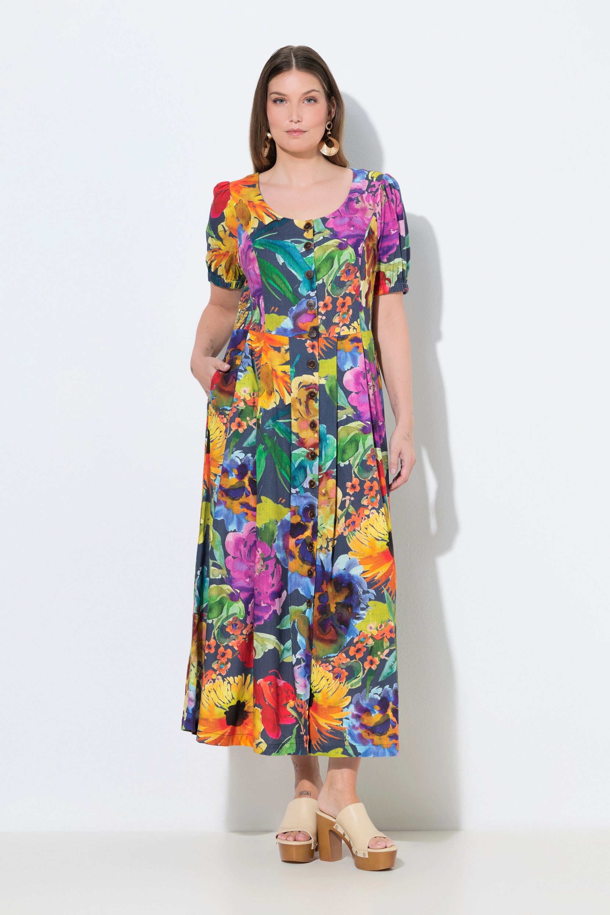 Ulla Popken Dirndl Maxikleid Smokeinsätze Rundhals Halbarm Leinenmix