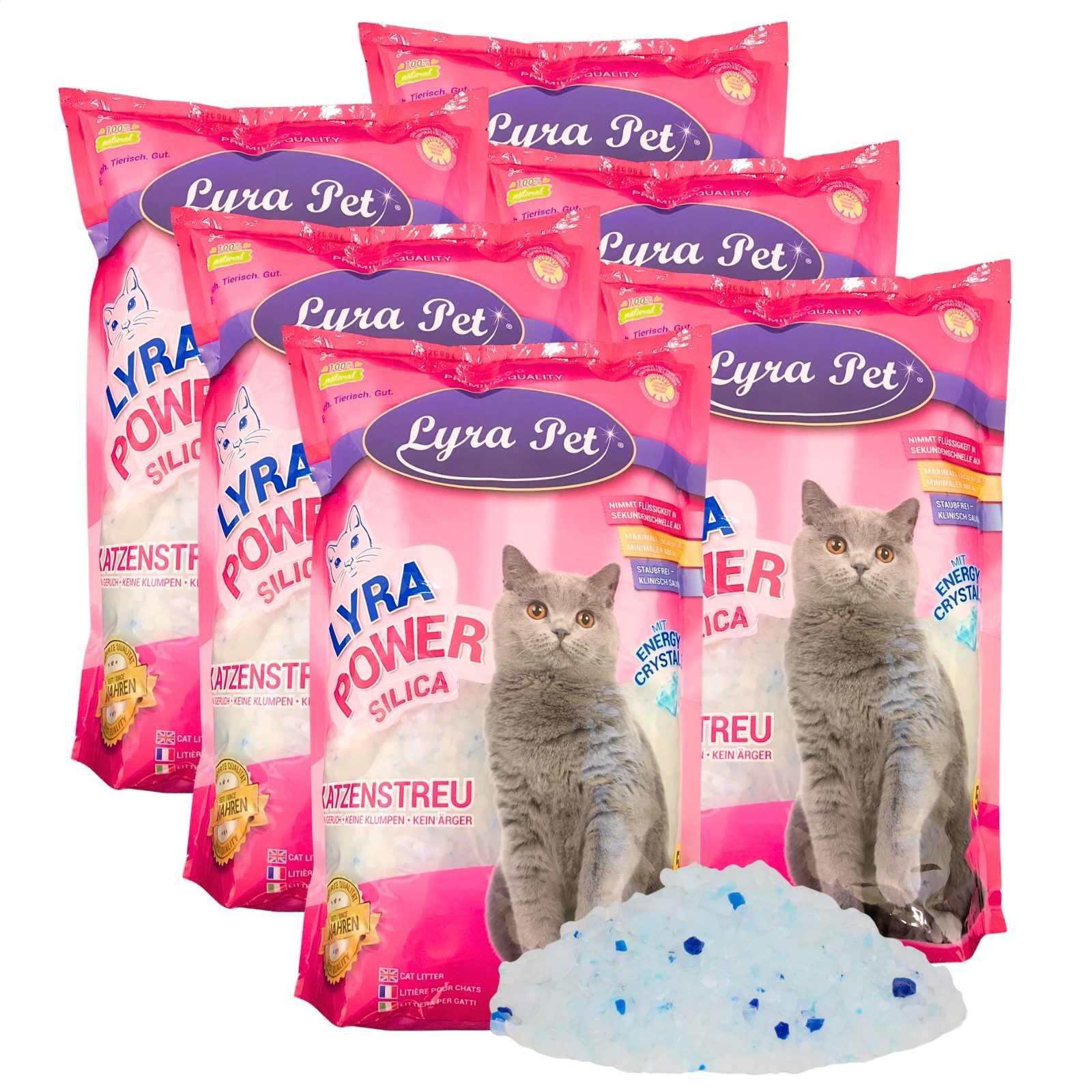Lyra Pet Katzenstreu 6 x 5 Liter Lyra Pet® Lyra Power® Silica Silikat Katzenstreu, nicht klumpend, staubfrei