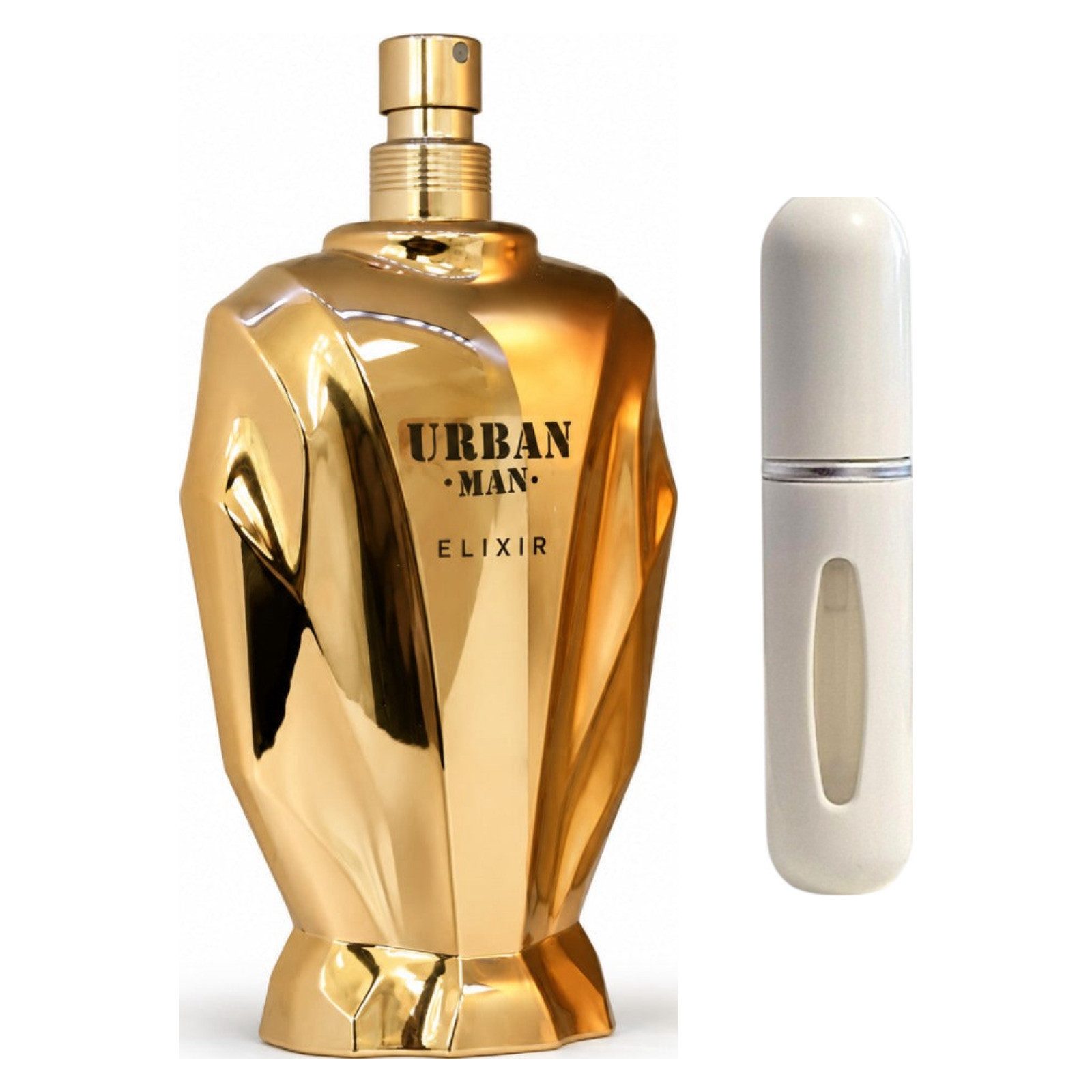 Fragrance World Duft-Set Urban Man Elixir EDP – Orientalisch Süß + Parfümzerstäuber (leer)