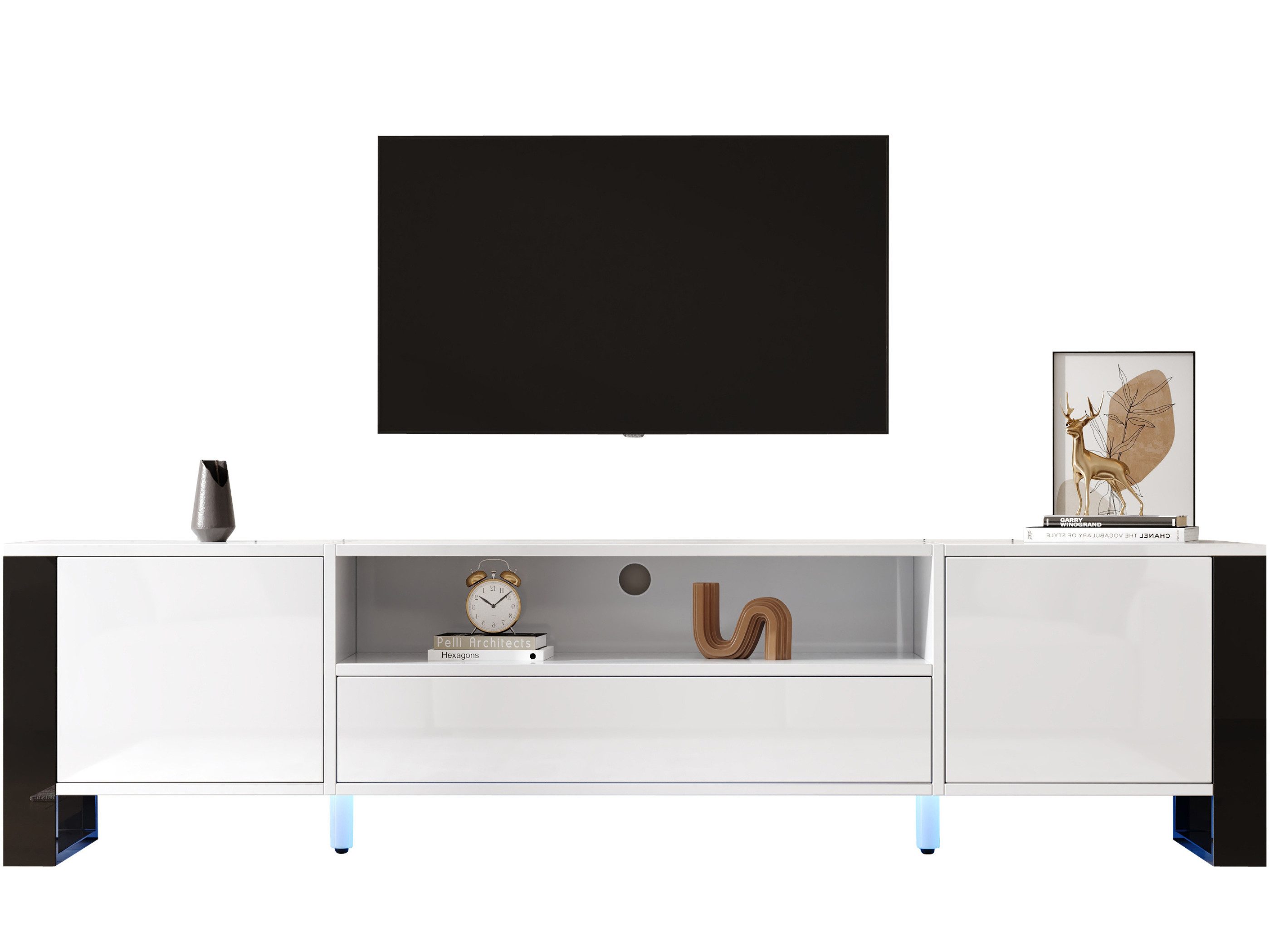 SeedWave Lowboard Moderner TV-Schrank LED Fernsehtisch mit Stauraum, Kabeldurchführung, Mit Verstellbare Einlegeböden, Rückprallstellsetzung
