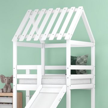 OKWISH Einzelbett Kinderbett, Hausbett mit Dach, Bett (200x90cm & 100x90cm, mit mit rechtwinkliger Leiter), mit Fallschutz und Gitter, Ohne Matratze