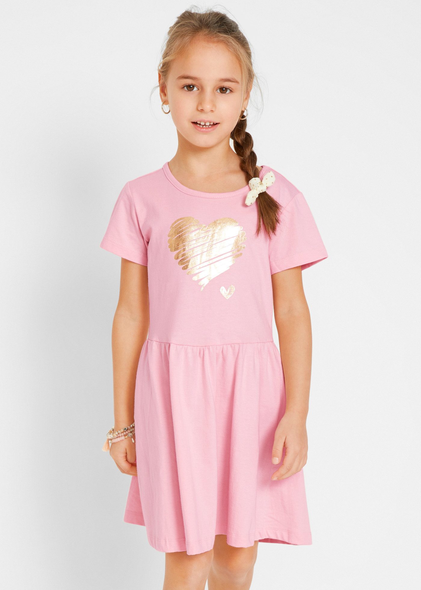 bonprix Jerseykleid (Packung, 2er) aus Baumwolle, ausgestellter Rock, mit Herz-Druck, im 2er-Pack