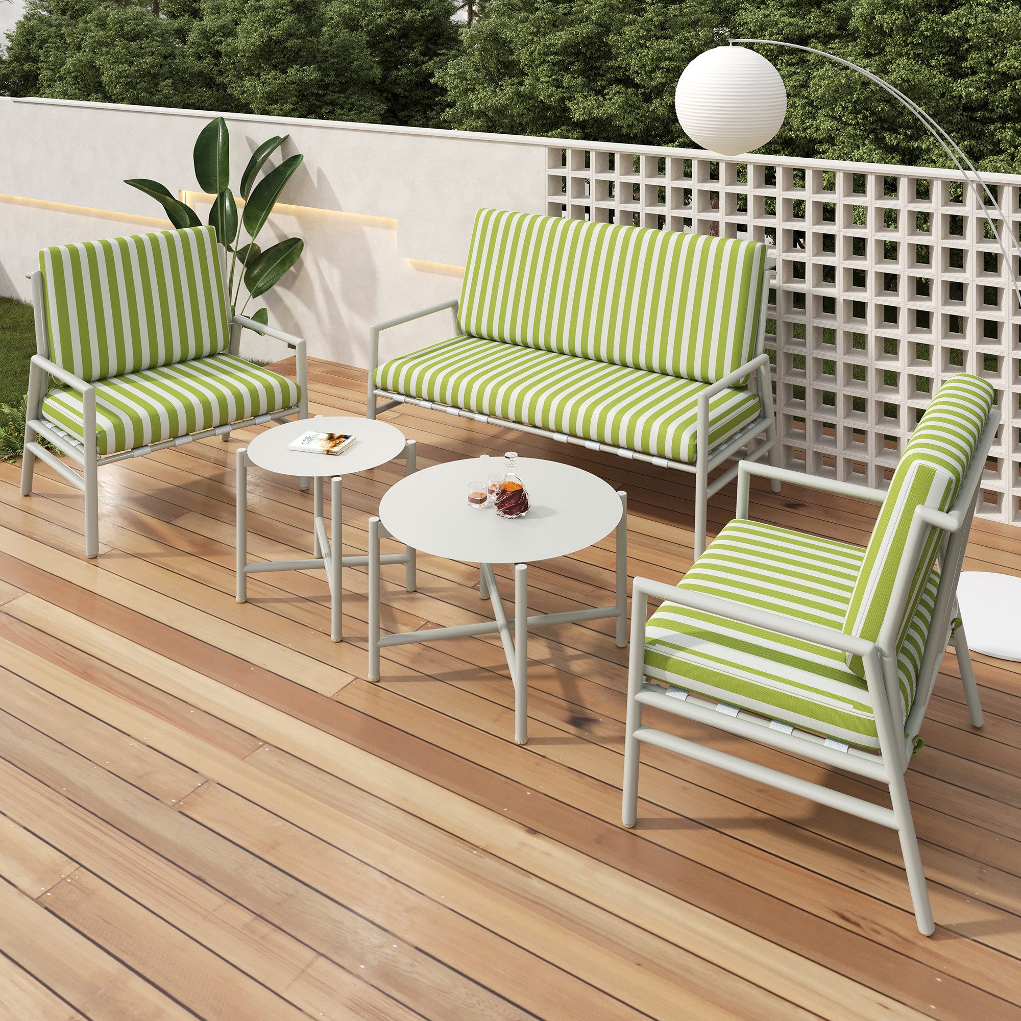 Gartenlounge-Set, (5-tlg., Gartengarnitur mit Kissen, 2-Sitzer-Sofa, 2 Sessel, 2 Tisch), Sitzgarnitur für 4 Personen, Gartenmöbel Set aus Stahl, Loungeset