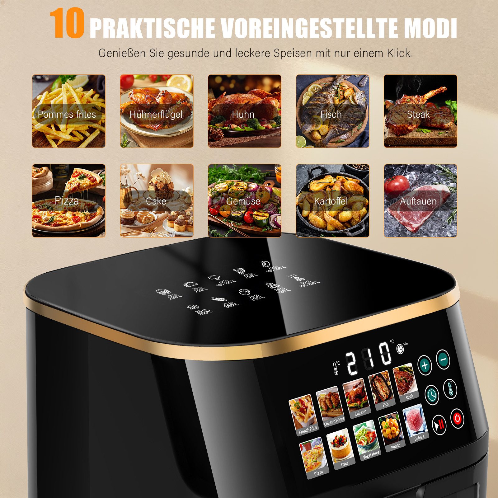 oyajia Heißluftfritteuse XXL Airfryer 10L mit LED-Farbdisplay & Sichtfenster, 10 Programme, LED-Touchscreen in Farbe, einfacher Reinigung, 2000 W, Heißluftfrittieren, Backen, Grillen, Aufwärmen, Hydrieren, Auftauen