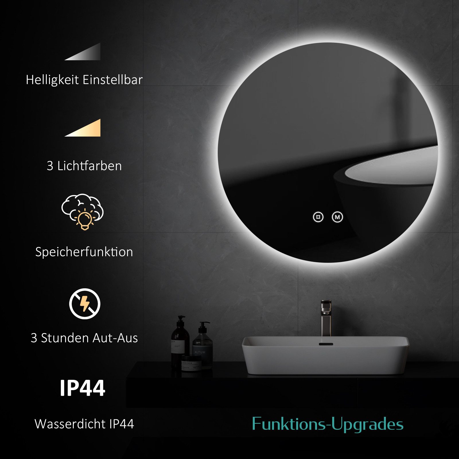 EMKE Badspiegel LED-Badspiegel rund, 3 Lichtfarben, dimmbar, Rahmenlos, indirekte Beleuchtung, Touch, Memory, Direktanschluss