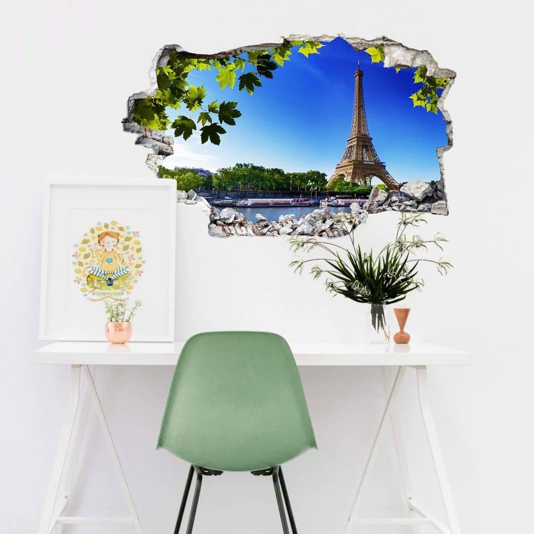 K&L Wall Art Wandtattoo 3D Wandtattoo Aufkleber Städtereise Frankreich Sommer in Paris Wandsticker, Mauerdurchbruch Wandbild selbstklebend