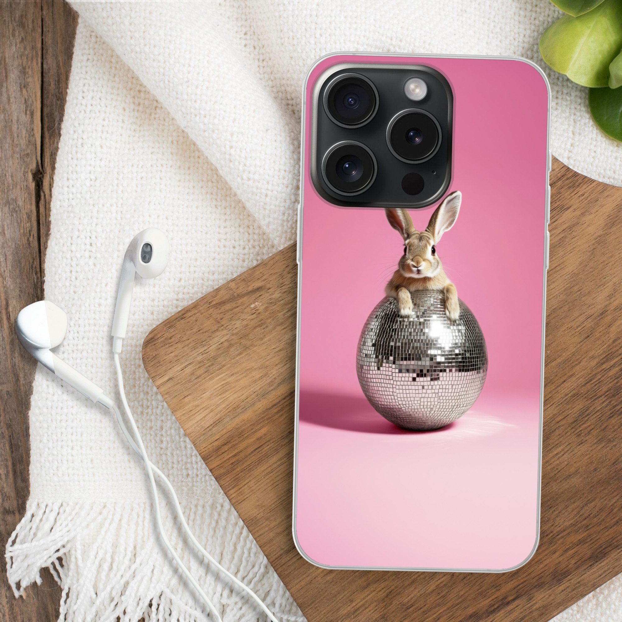 MuchoWow Handyhülle für Apple iPhone 15 Pro Hase - Schleife -Diskokugel, Smartphone-Bumper, Print, Handy Schutzhülle Dünn