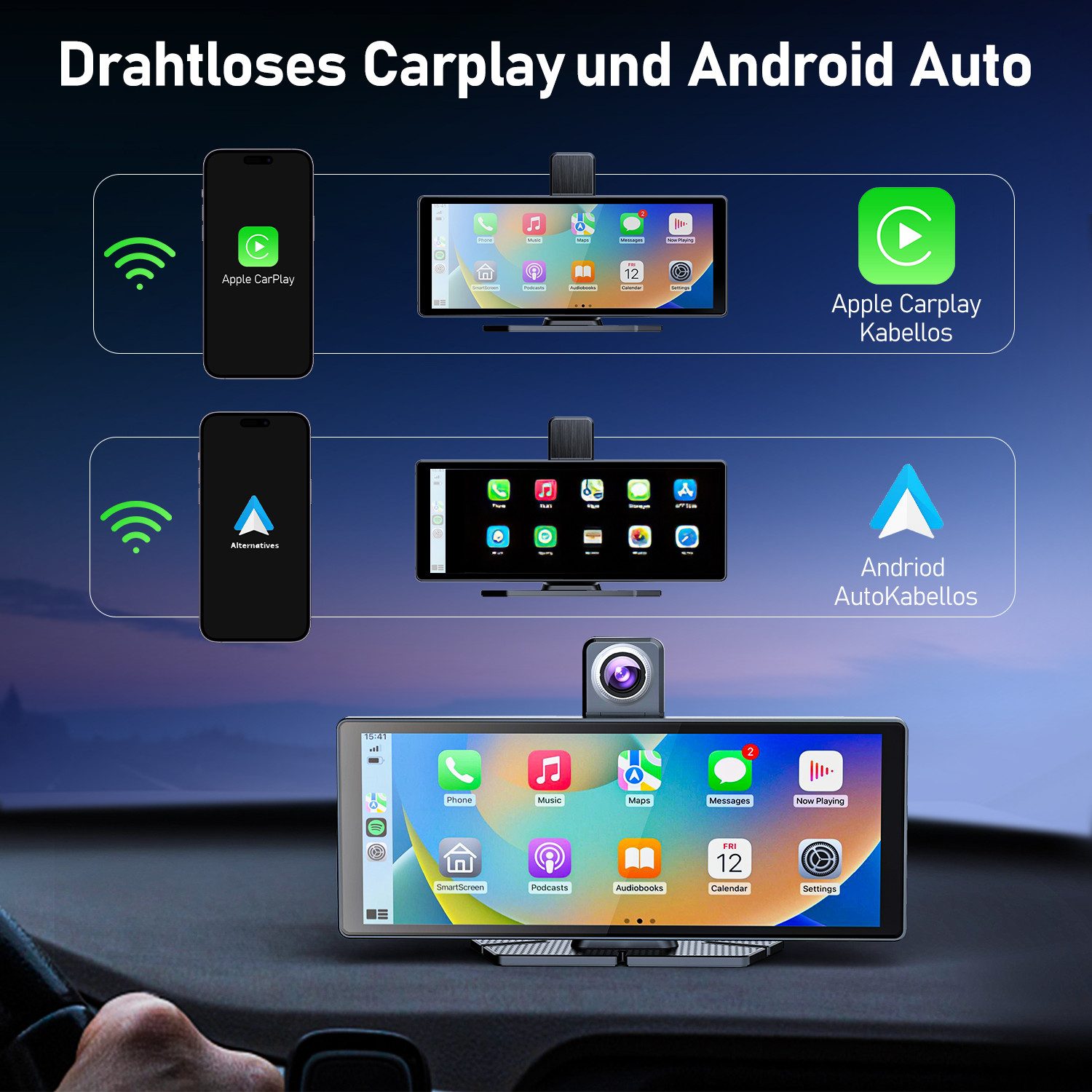 ibettertec Dashcam Auto, Autokamera,Kamera Carplay mit GPS Navigationsgerät Dashcam (1600*1600 HD, WLAN (Wi-Fi), apple carplay, Android Auto, GPS-Navigation,Car-Audio-Receiver,Sprachsteuerung, 10.26 Zoll,für Auto LKW PKW,Wohnmobil Auto-Stereo-Touchscreen)