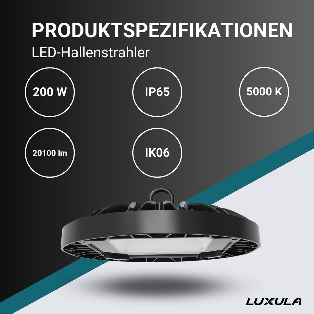 LUXULA LED Arbeitsleuchte LED-HighBay, UFO, 200 W, 20100 lm, 5000 K (neutralweiß), IP65, LED fest integriert, Tageslichtweiß, neutralweiß, spritzwassergeschützt