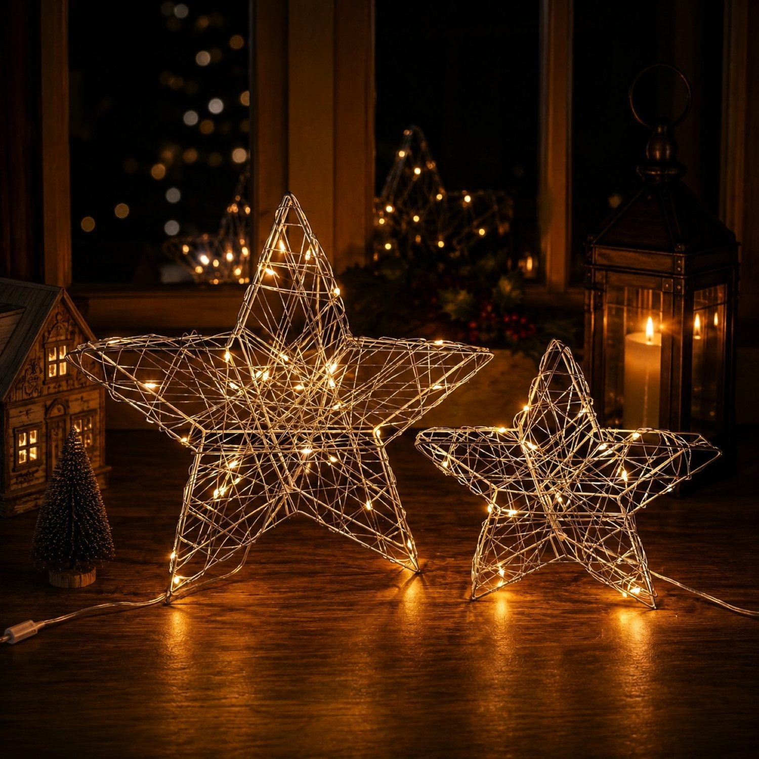 Online-Fuchs LED Dekoobjekt 2 Sterne mit LEDs beleuchtet und 6-Stunden Timer - Weihnachtsdeko, Lichterkette mit 15 und 30 LEDs, warmweiß beleuchtet, schlichte und moderne Weihnachtsdekoration zum Hinstellen