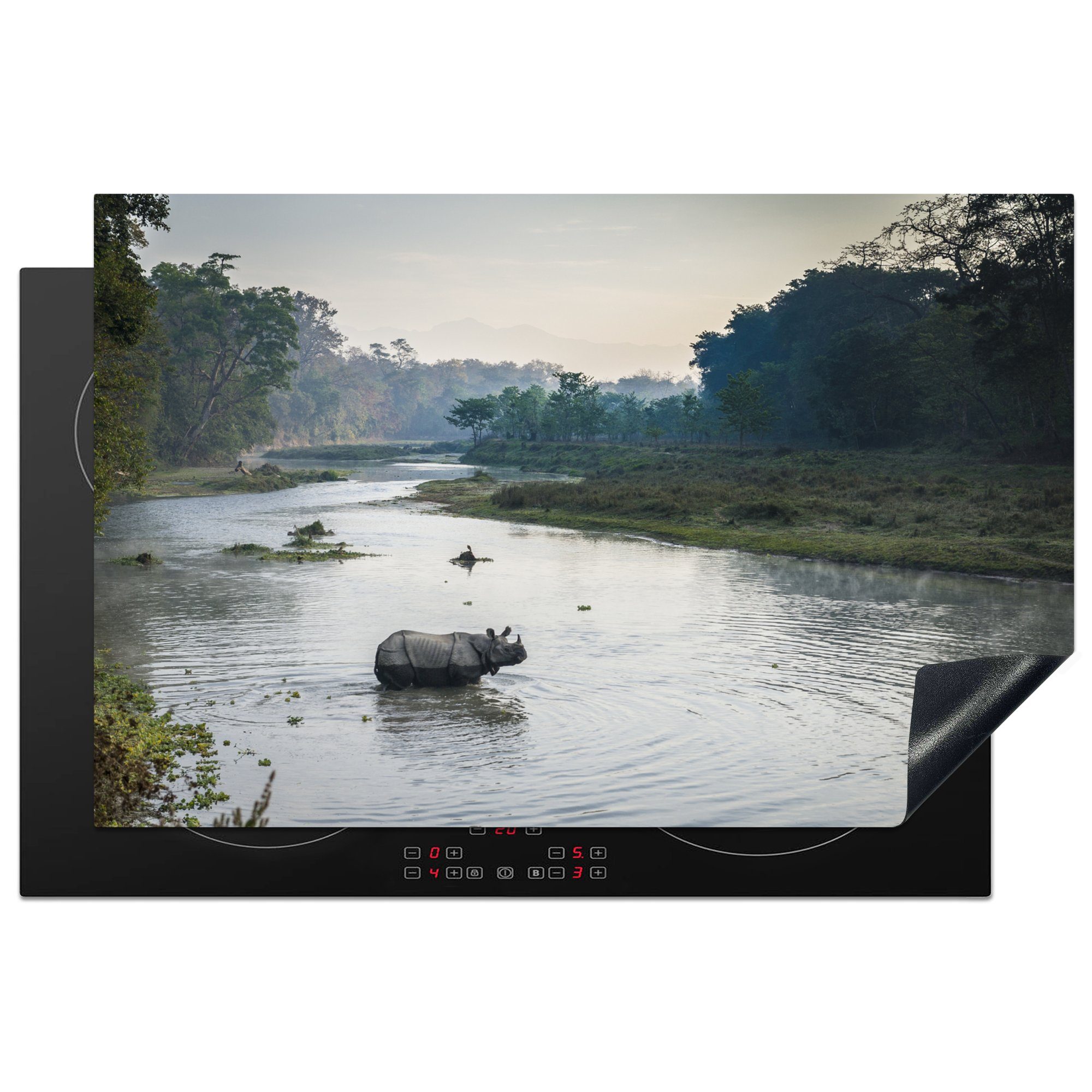 MuchoWow Herdblende-/Abdeckplatte Nashorn beim Überqueren des Flusses im Chitwan-Nationalpark, Nepal, Vinyl, (1 tlg), 81x52 cm, Induktionskochfeld Schutz für die küche, Ceranfeldabdeckung
