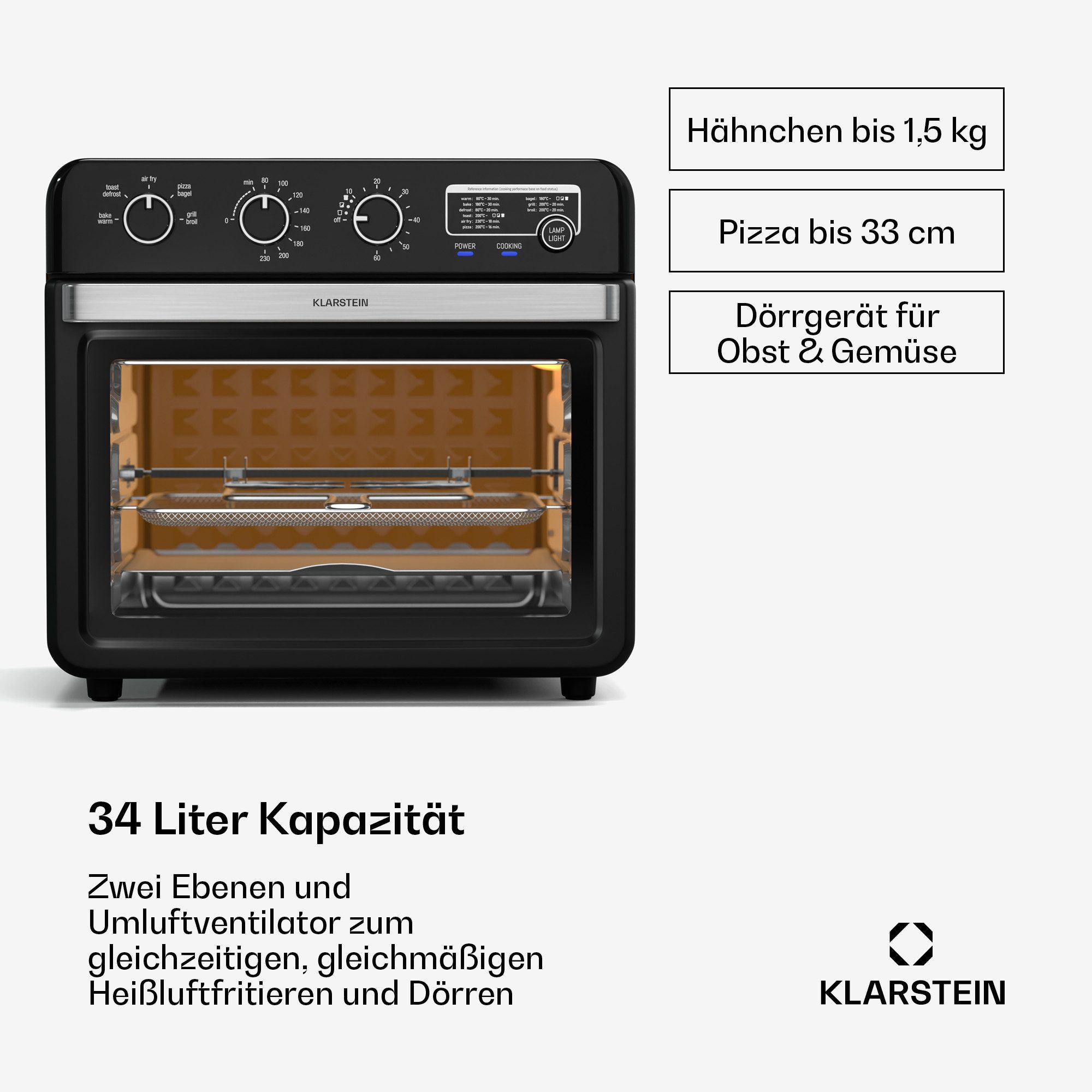Klarstein Heißluftfritteuse, 2000 W, Heißluftfritteuse Backen Rösten Grill 34L 2000 W Timer