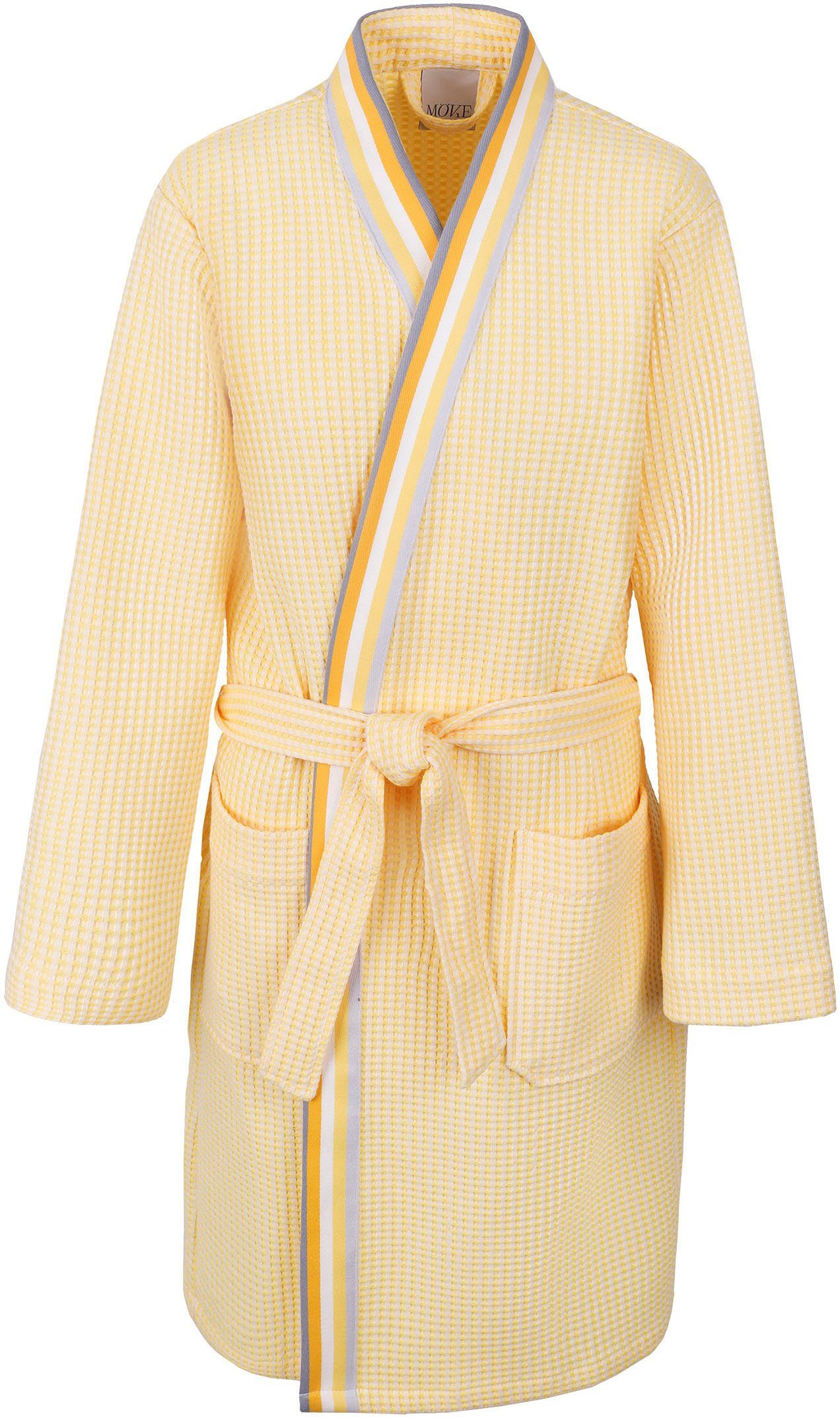 Summer, Kimono-Kragen, mit Waffel-Piquee Unisex-Bademantel Piqué, gelb Kurzform, Möve Gürtel, tollem