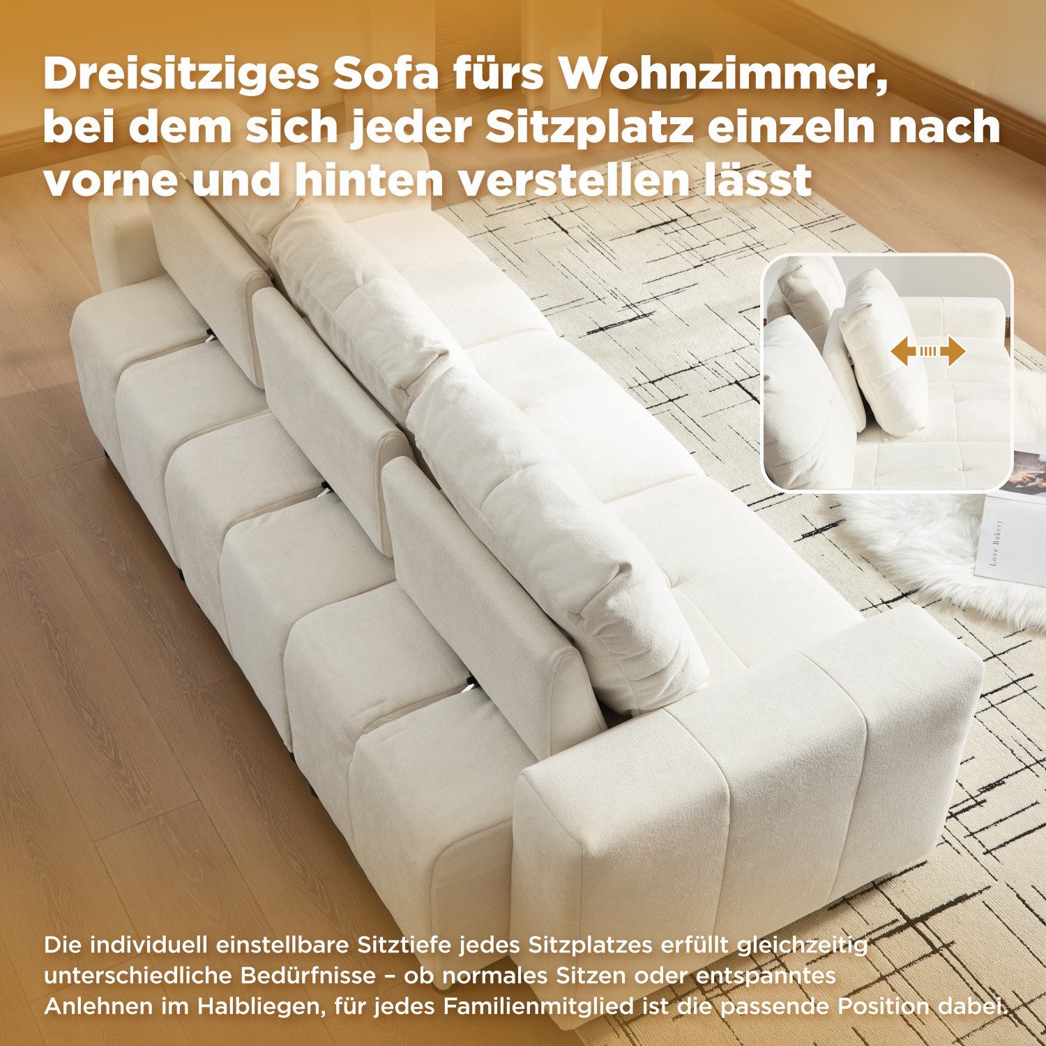 ANYSUN 3-Sitzer Sofas wohnzimmer Loungesofa,Modulsofa mit Schlaffunktion, 213 cm Chenille Sofa mit Liegen,Sitztiefe von bis zu 68 cm, verstellbare Sitztiefe, kompaktes gerades Sofa,Geeignet für Wohnungen