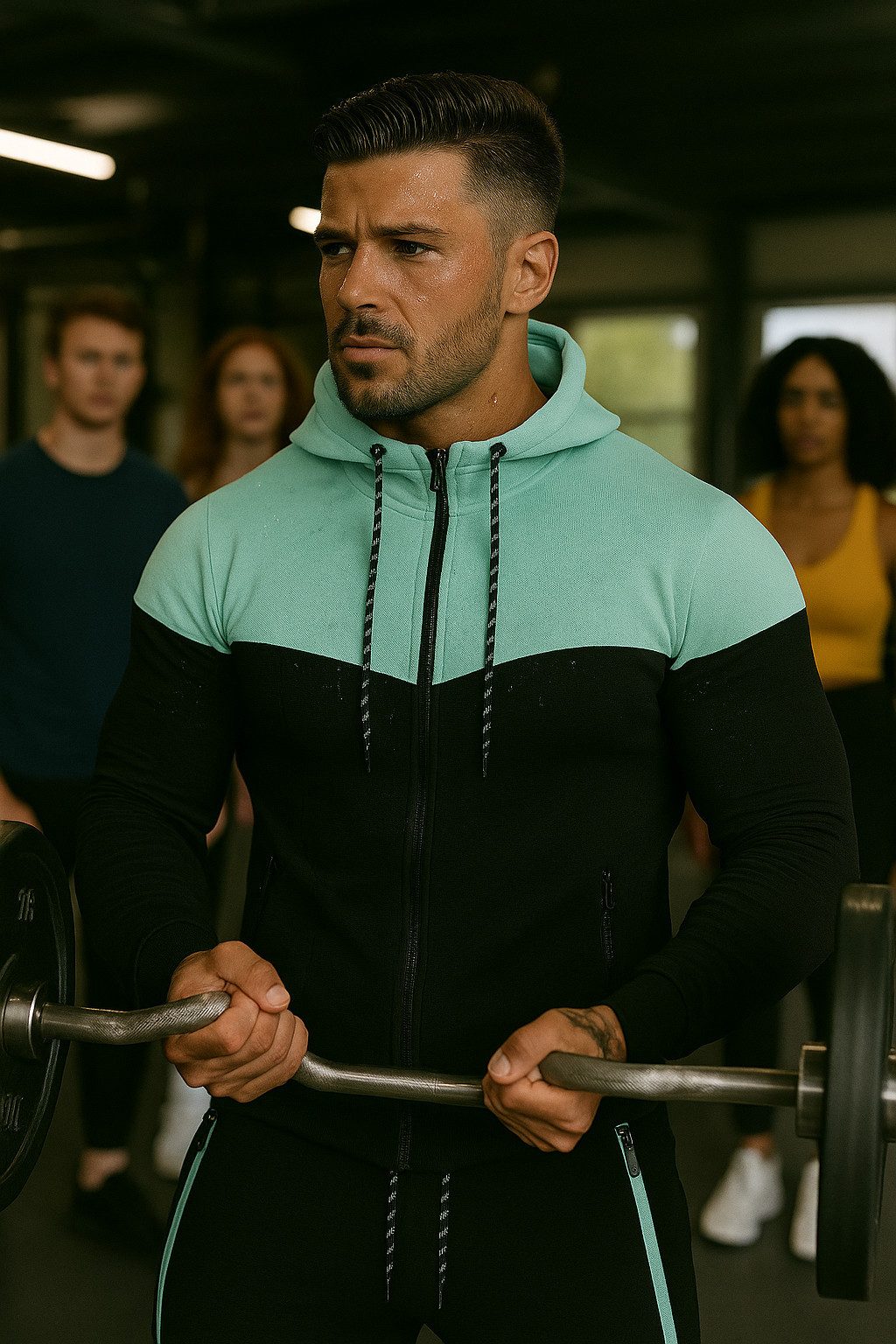 L.gonline Freizeitanzug Herren Jogginganzug, Freizeitanzug 984 schwarz/mint XL (Kapuzenjacke mit Reißverschluss, Hose, 2-tlg), Fitness Freizeit Casual – Bild 3 von 5