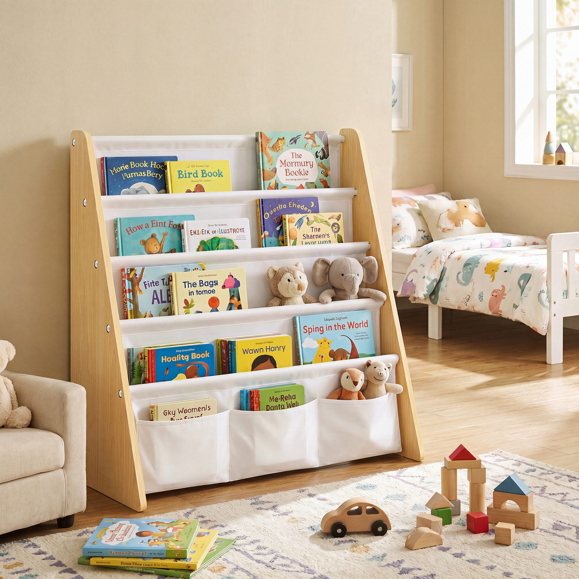 SONGMICS Spielzeugtruhe Kinderregal Bücherregal für Kinderzimmer, mit 4 Ebenen Sicher und Stabil 62,4 x 25 x 60 cm