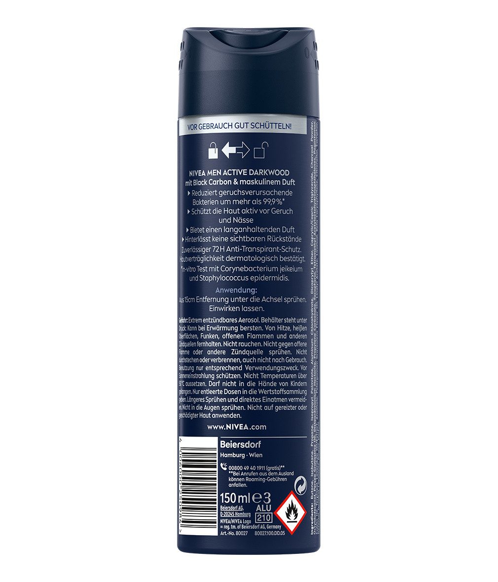 Nivea Men Deo-Spray Active Darkwood Limited Edition Deo Spray 6 x 150ml, 6-tlg., Zuverlässiger Deo Schutz beim Sport