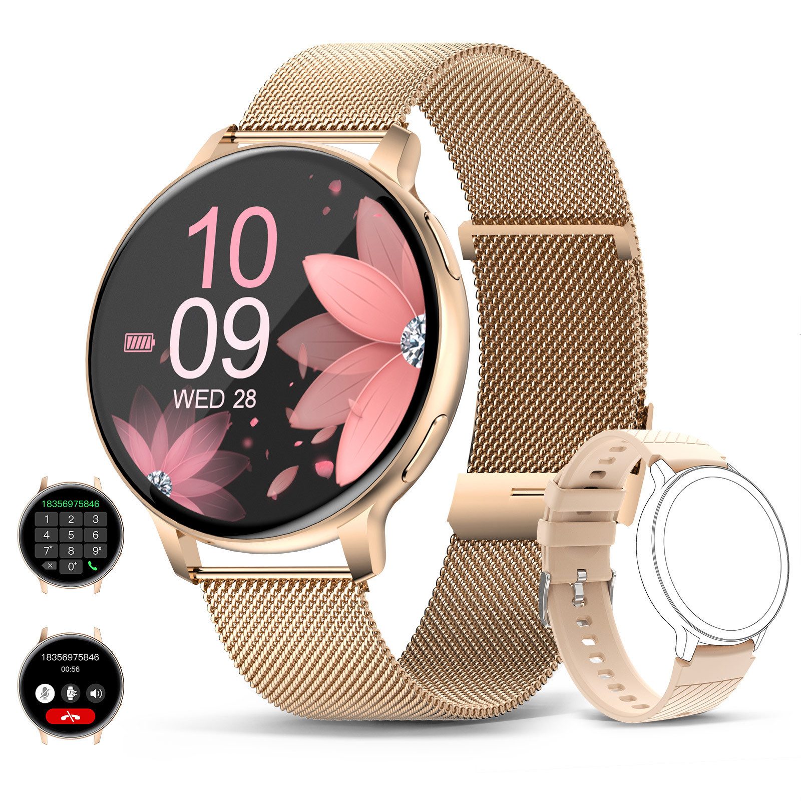 AURIVION 1,39 Zoll Smartwatch mit Telefonfunktion für Damen & Herren Smartwatch (3,53 cm/1,39 Zoll, iOS,Android) Set, 2-tlg., Smartwatch mit Silikon Wechselarmband & Gesundheitsfunktionen, Fitness Tracker IP67 mit Zyklusmonitor für iOS & Android