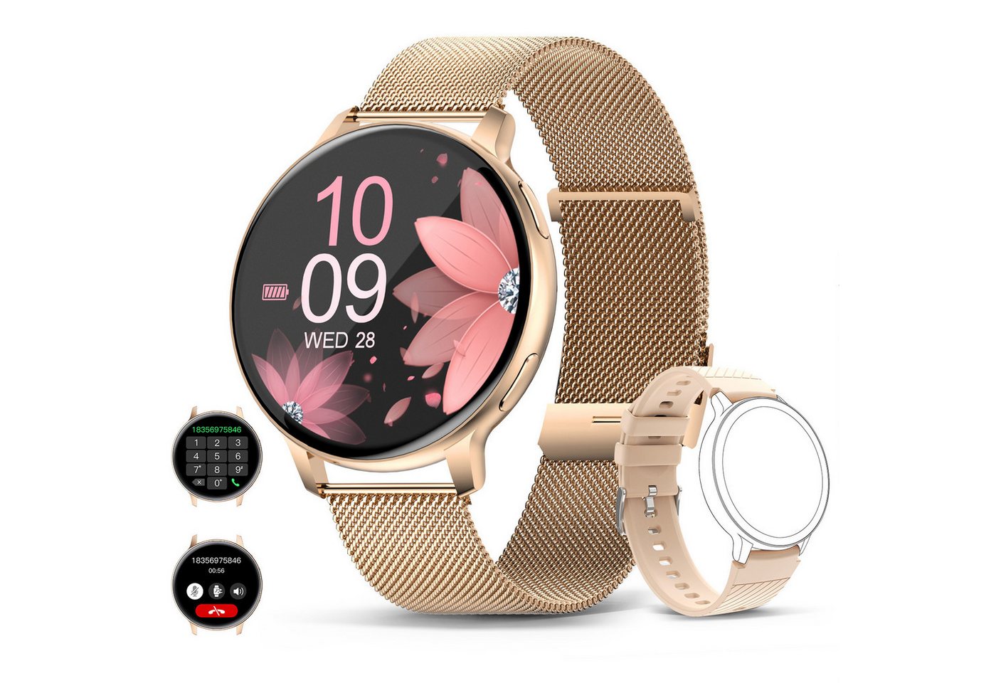 AURIVION 1,39 Zoll Smartwatch mit Telefonfunktion für Damen & Herren Smartwatch (3,53 cm/1,39 Zoll, iOS,Android) Set, 2-tlg., Smartwatch mit Silikon Wechselarmband & Gesundheitsfunktionen, Fitness Tracker IP67 mit Zyklusmonitor für iOS & Android