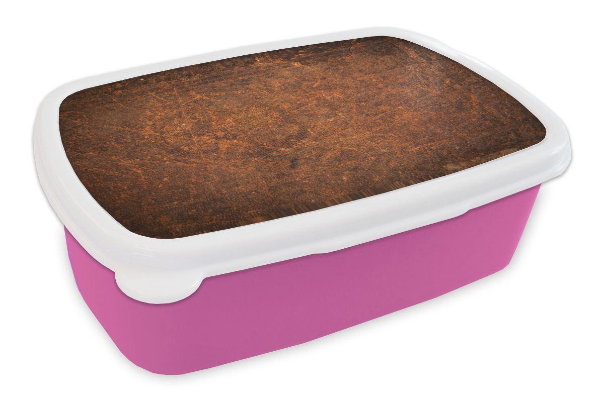 MuchoWow Lunchbox Leder - Textur - Braun - Orange, Kunststoff, (2-tlg), Brotbox für Erwachsene, Brotdose Kinder, Snackbox, Mädchen, Kunststoff rosa