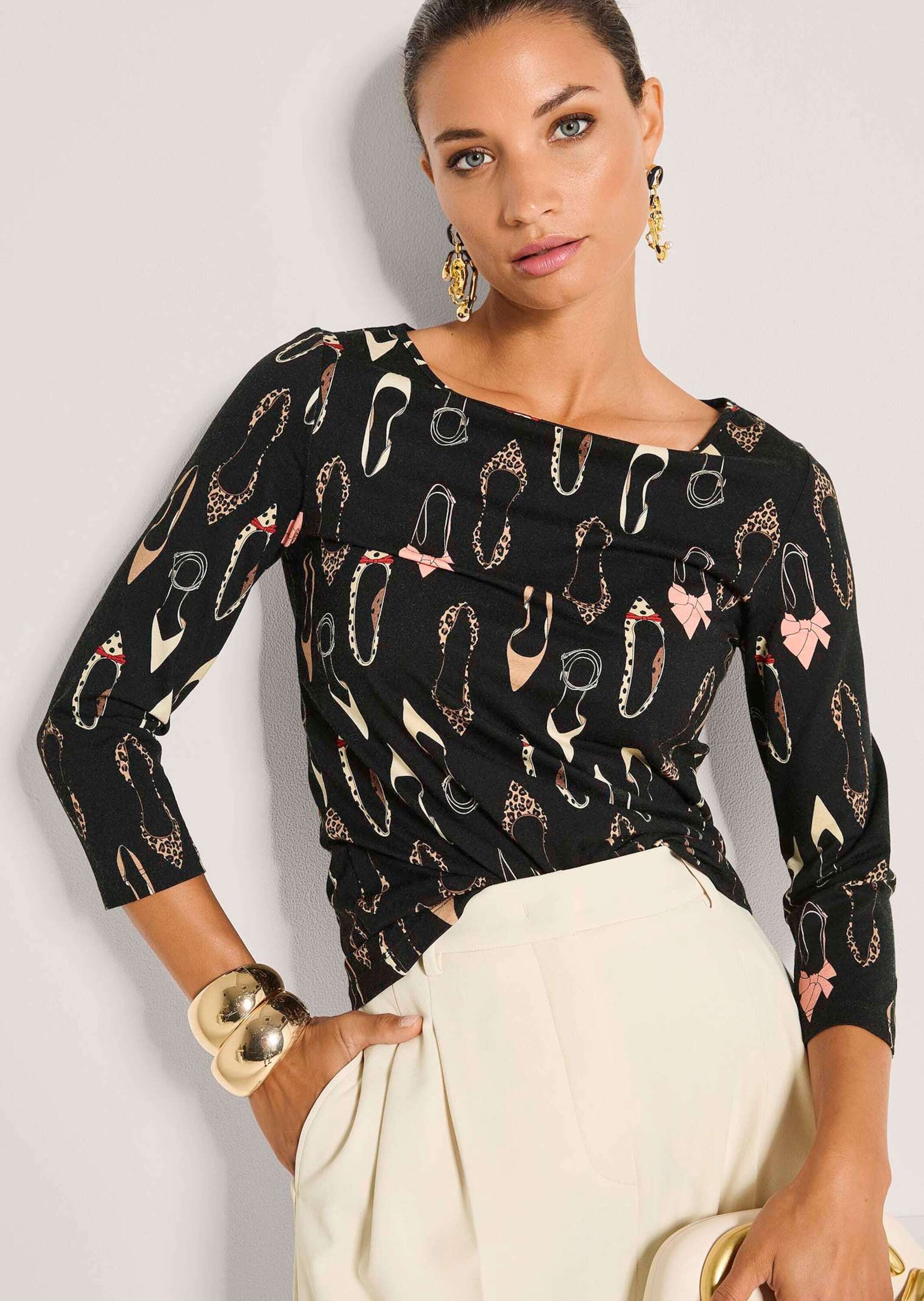 MADELEINE Langarmshirt Rundhals-Shirt mit All-Over-Print Viskose-Shirt mit 3/4-Ärmel, gerader Saum, knitterarm
