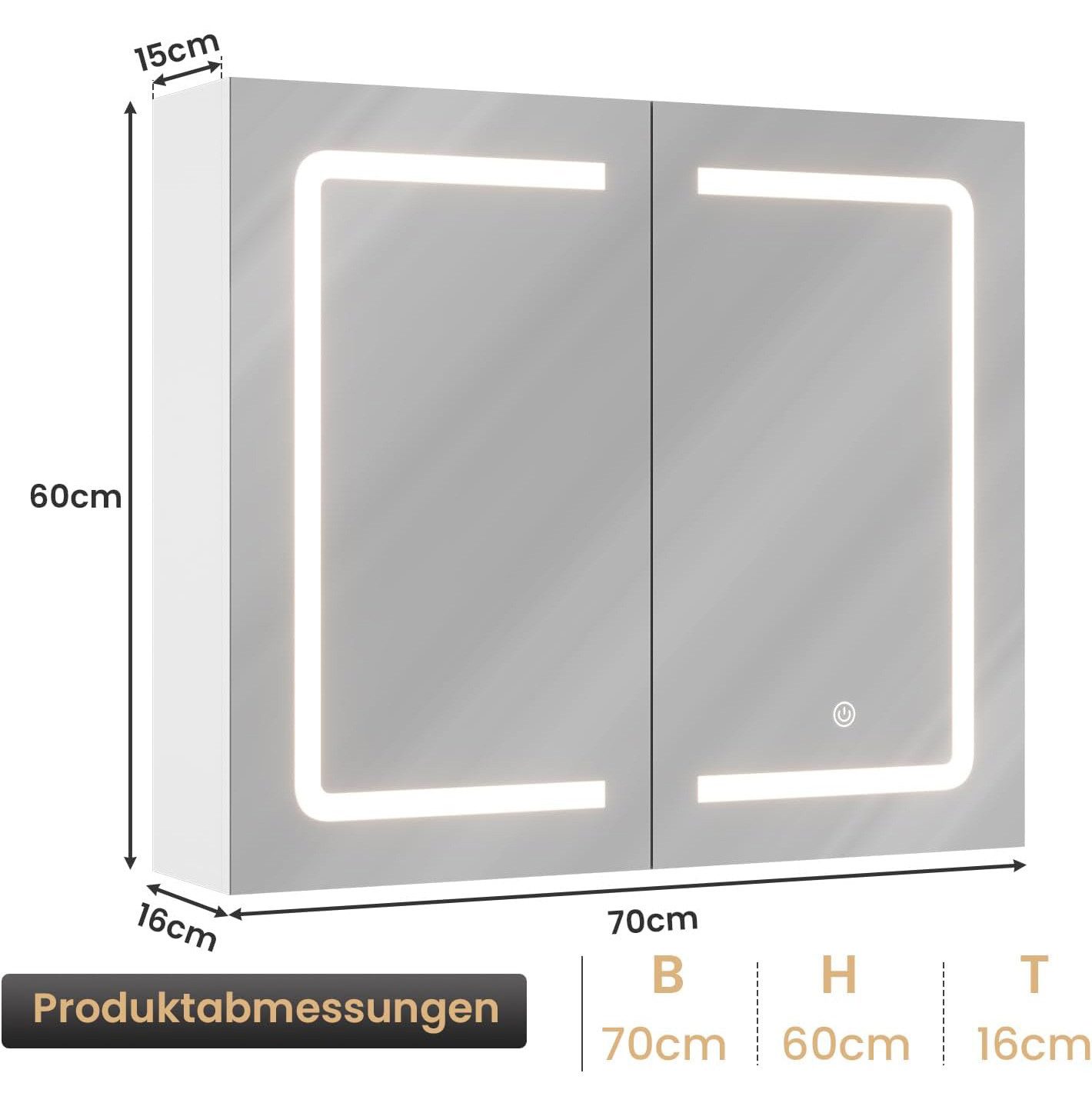 MSMASK Badezimmerspiegelschrank mit LED-Beleuchtung & Steckdose, 3 dimmbare Farbtemperaturen (1-St) Badezimmerschrank Spiegelschrank, 70x16x60cm, Weiß