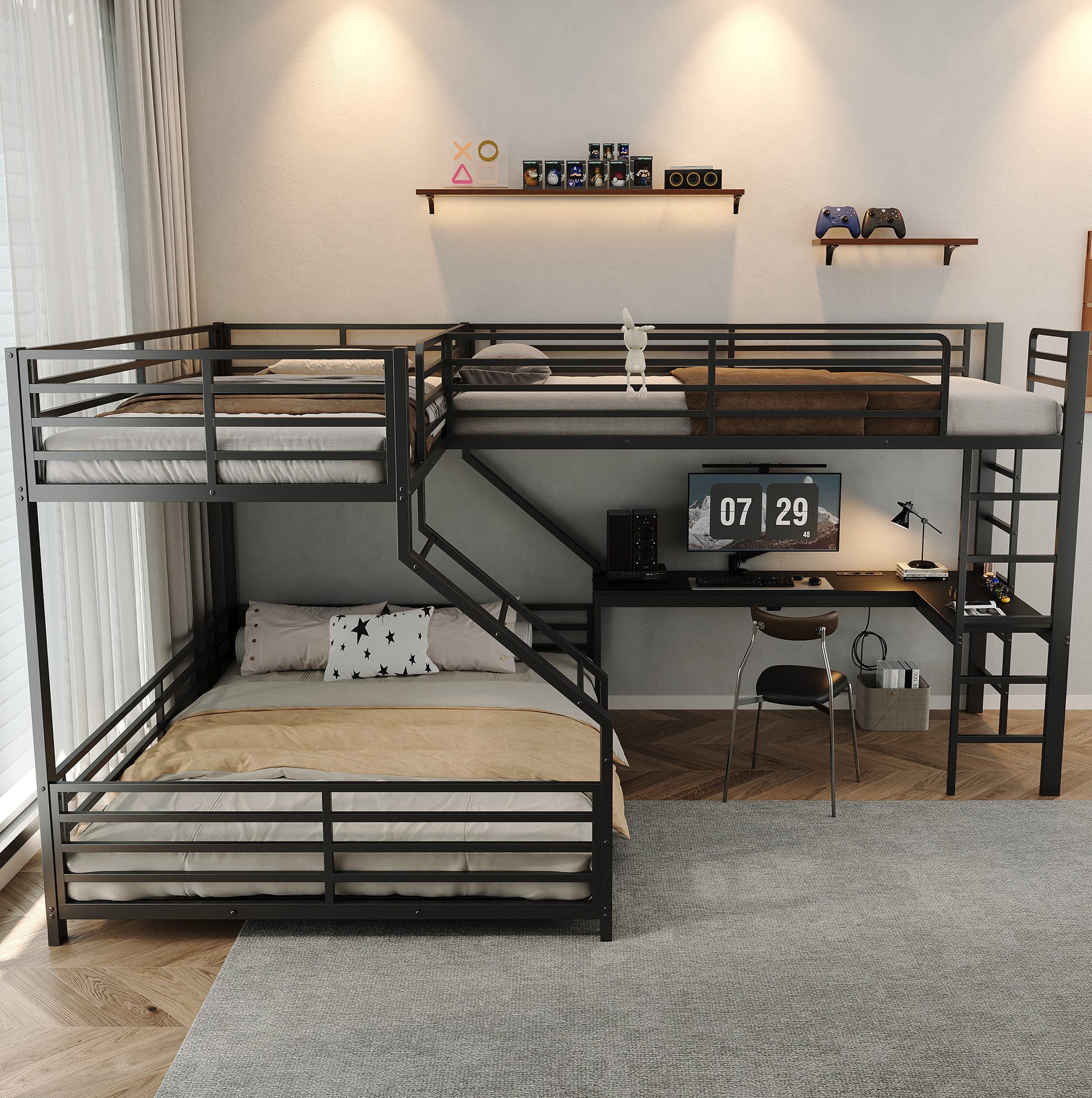 MODFU Etagenbett Hochbett Metall mit Schreibtisch – Multifunktionsbett Schwarz (Packung, 1-St., Eisenrahmen Konstruktion, USB/Type-C Steckdose, 3 Liegeflächen), 90 x 200 cm & 140 x 200 cm, Schlaf & Arbeitsbereich, ohne Matratze
