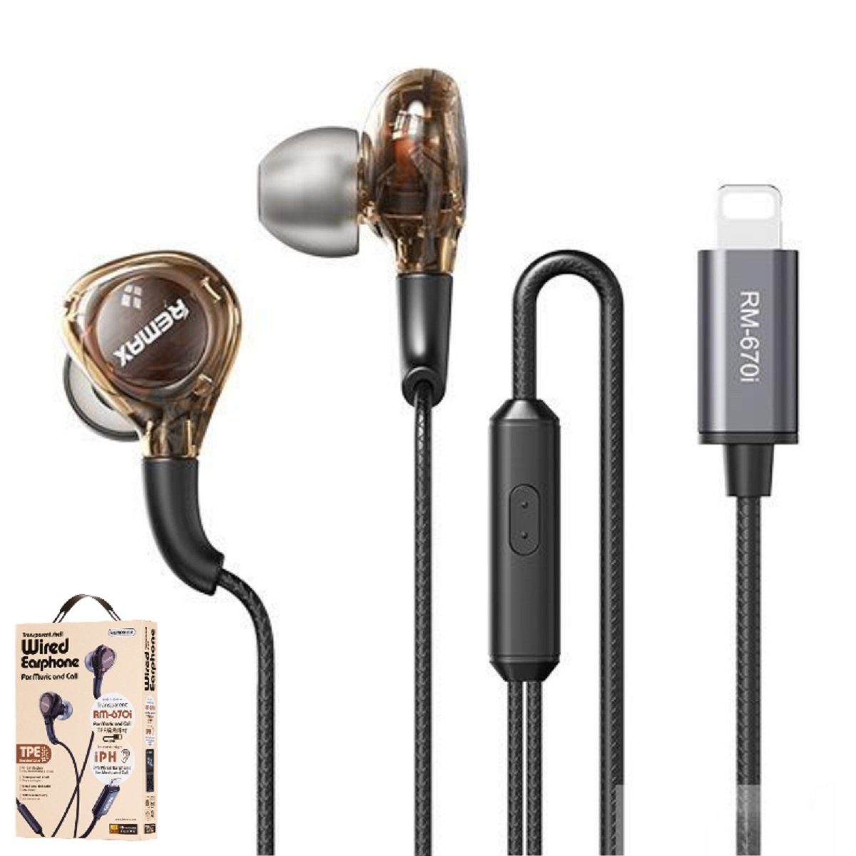 Remax RM-670i Kopfhörer Ohrstöpsel Stereo Ohrhörer In-Ear-Kopfhörer  (Lightning-Anschluss, Mikrofon-Headset, TPE-Kabel, für iPhone X XR XS Max  11 12 13 14 Pro Max) | In-Ear-Kopfhörer