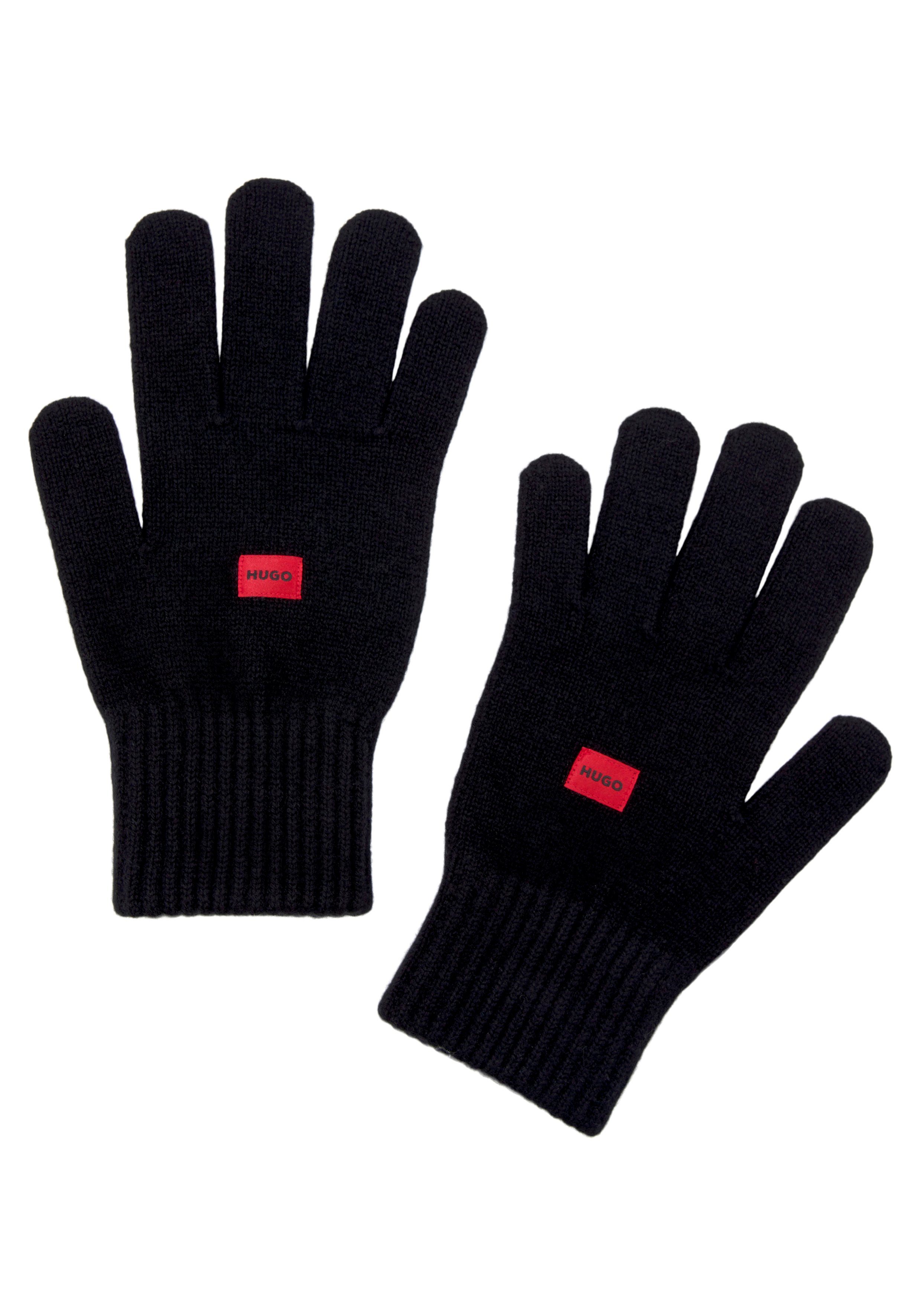Waff Handrücken HUGO 3 kontrastfarbenem Strickhandschuhe (15) mit schwarz beiden Markenlabel auf