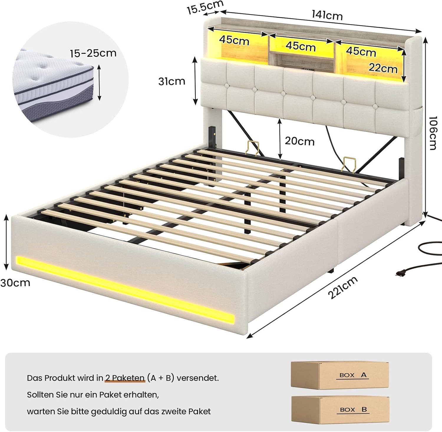 MSMASK Polsterbett Hydraulisches Stauraumbett mit LED-Bleuchtung, 90X200 cm günstig online kaufen