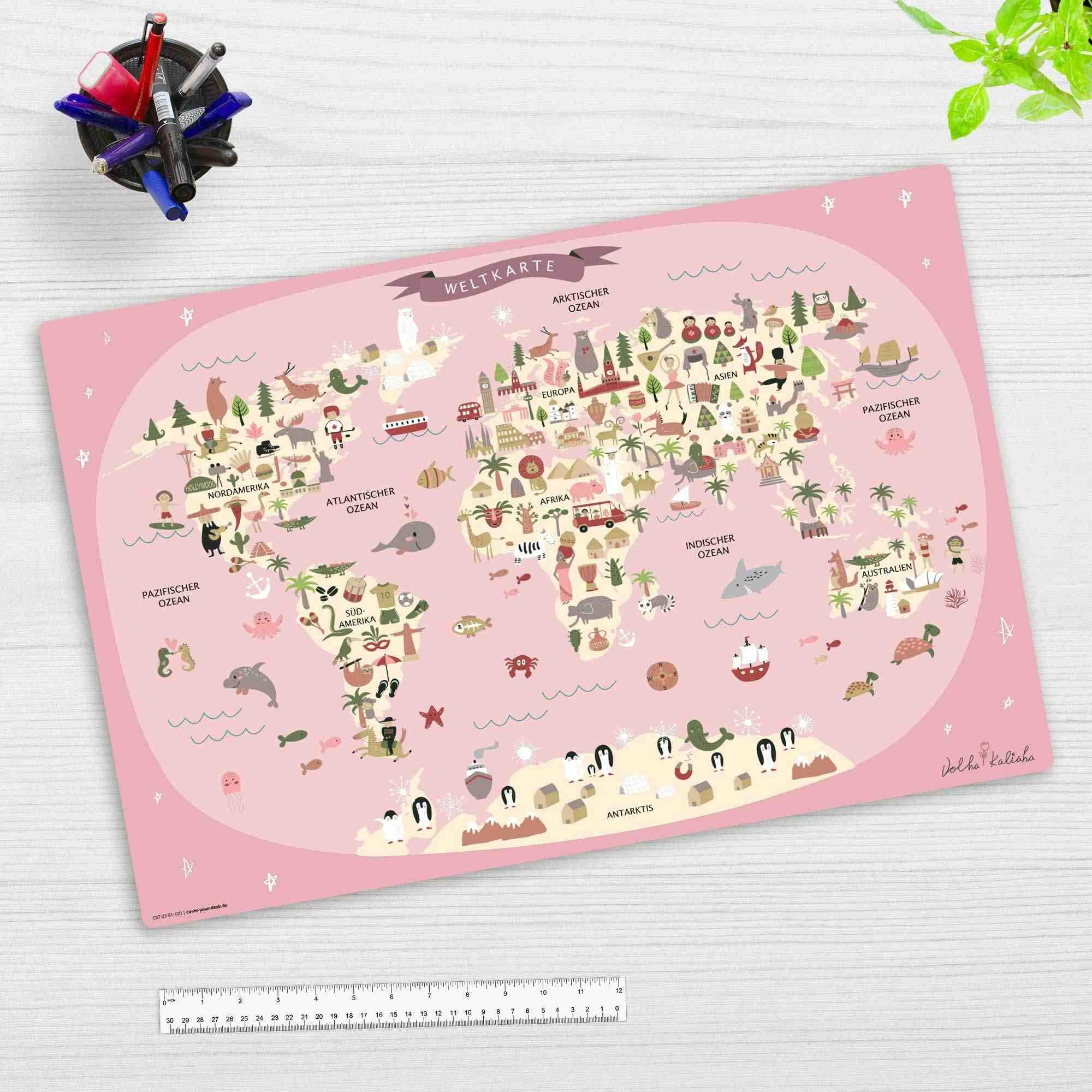 Schreibtischunterlage Cover-your-desk Schreibtischunterlage für Kinder Weltkarte in rosa ...