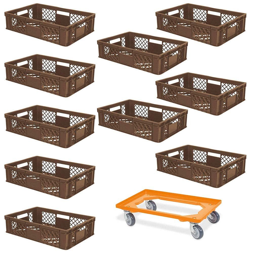 BRB-Lagertechnik Stapelbox 10x Eurobehälter/Bäckerkiste, LxBxH 600x400x150 mm + Transportroller, Stoßfest, robust und formstabil