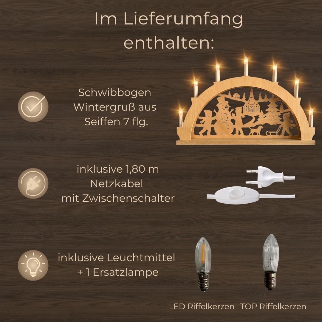 Weigla Schwibbogen Wintergruß aus Seiffen, Lichterbogen aus Holz, NATUR
