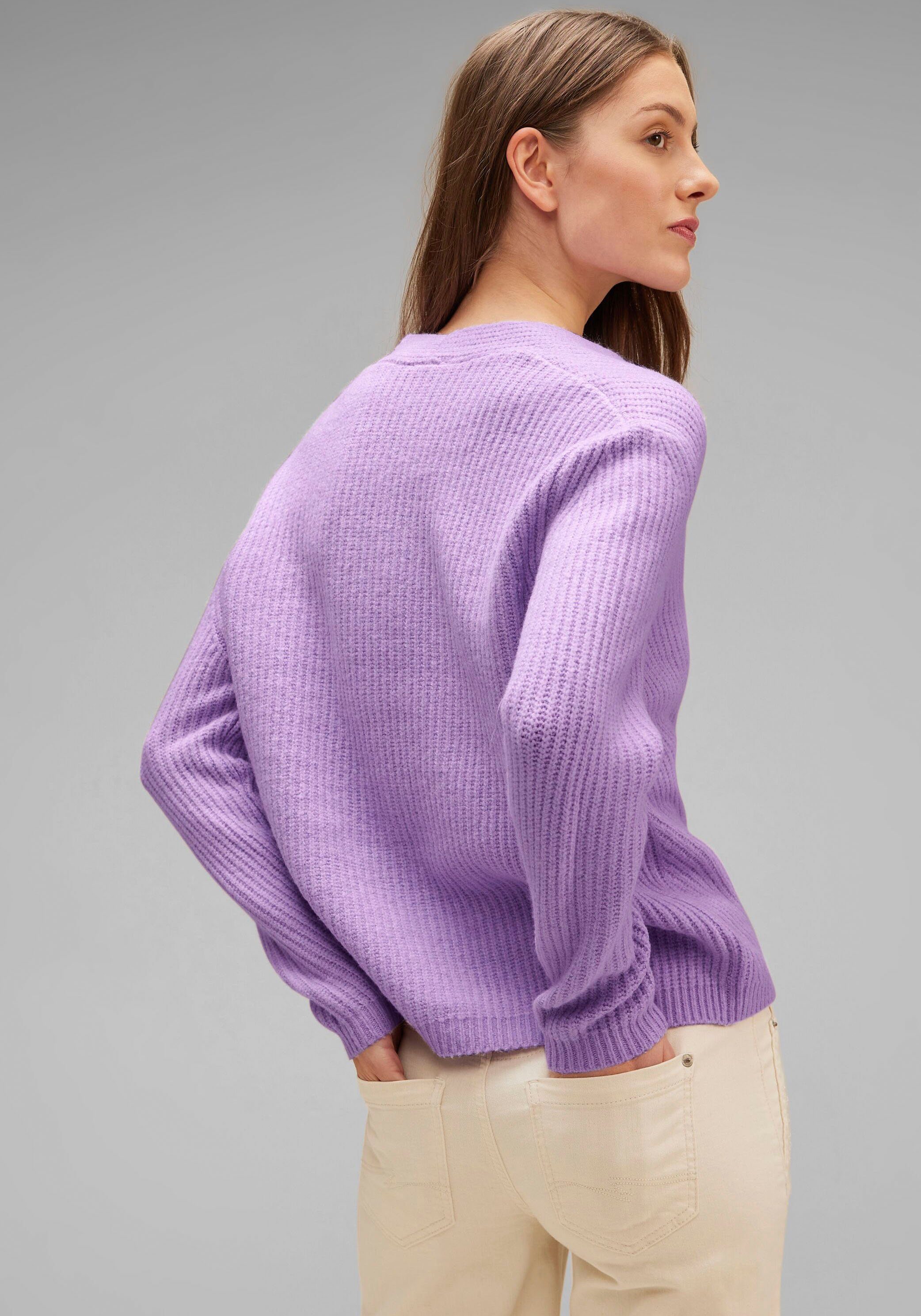 mit V-Ausschnitt-Pullover STREET ONE soft pure Rippenstruktur lilac