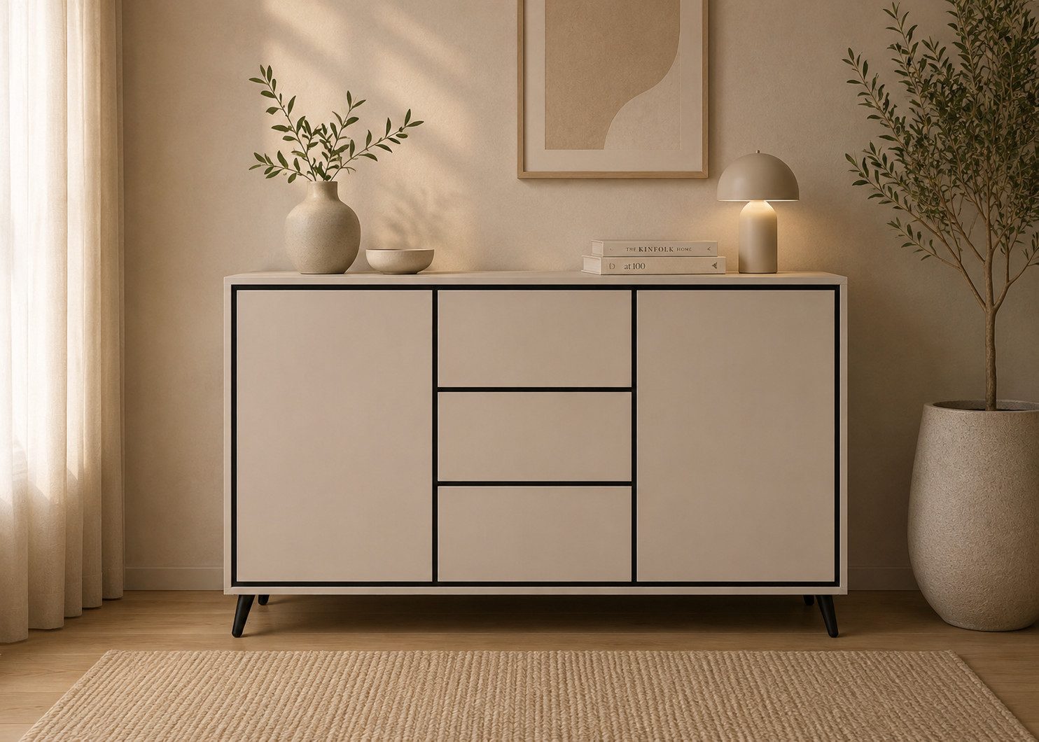 MOEBLO Kommode VELMIRA 2D3S (moderne Designkommode in Kaschmir, 150 cm breit, mit 2 Türen, 3 Schubladen, Push-to-open und schwarzen Metallfüßen), (BxHxT): 150 x 100 x 40 cm
