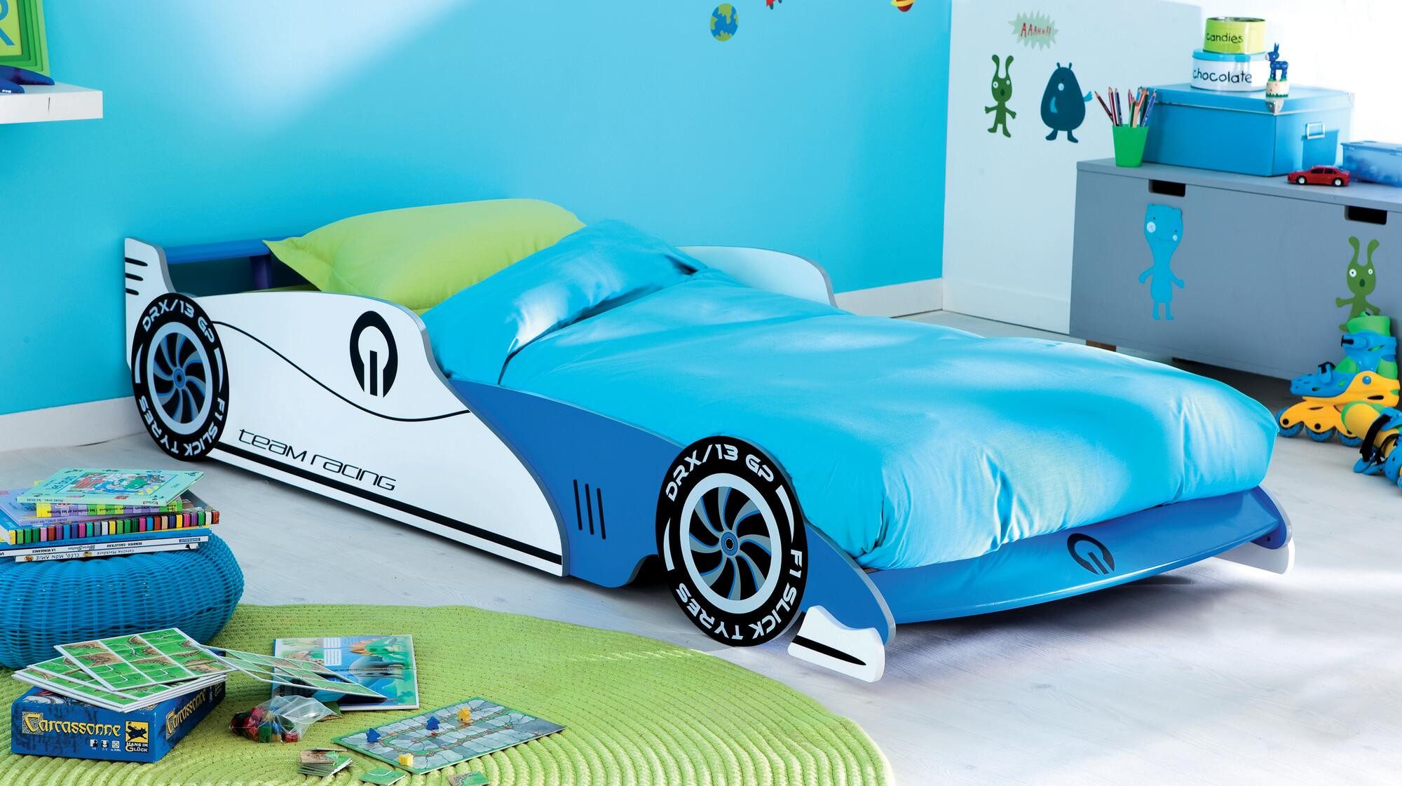 habeig Kinderbett Juniorbett Autobett Grand Prix Lattenrost Bett 101x219x40 cm, In Form eines Autos