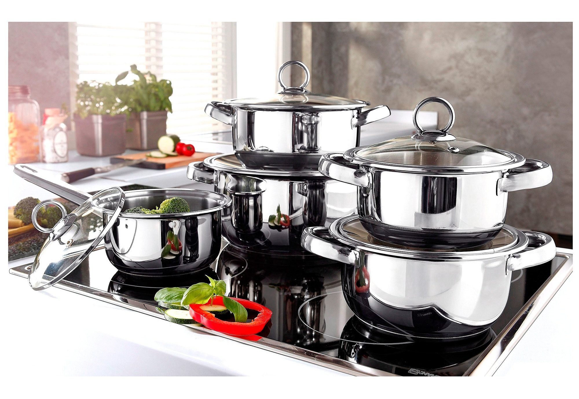 KING Topf-Set New Silver Line, Edelstahl (Set, 10-tlg., je 1 Kochtopf mit Deckel 16/18/20/24 cm, 1 Stieltopf 16 cm), Induktion