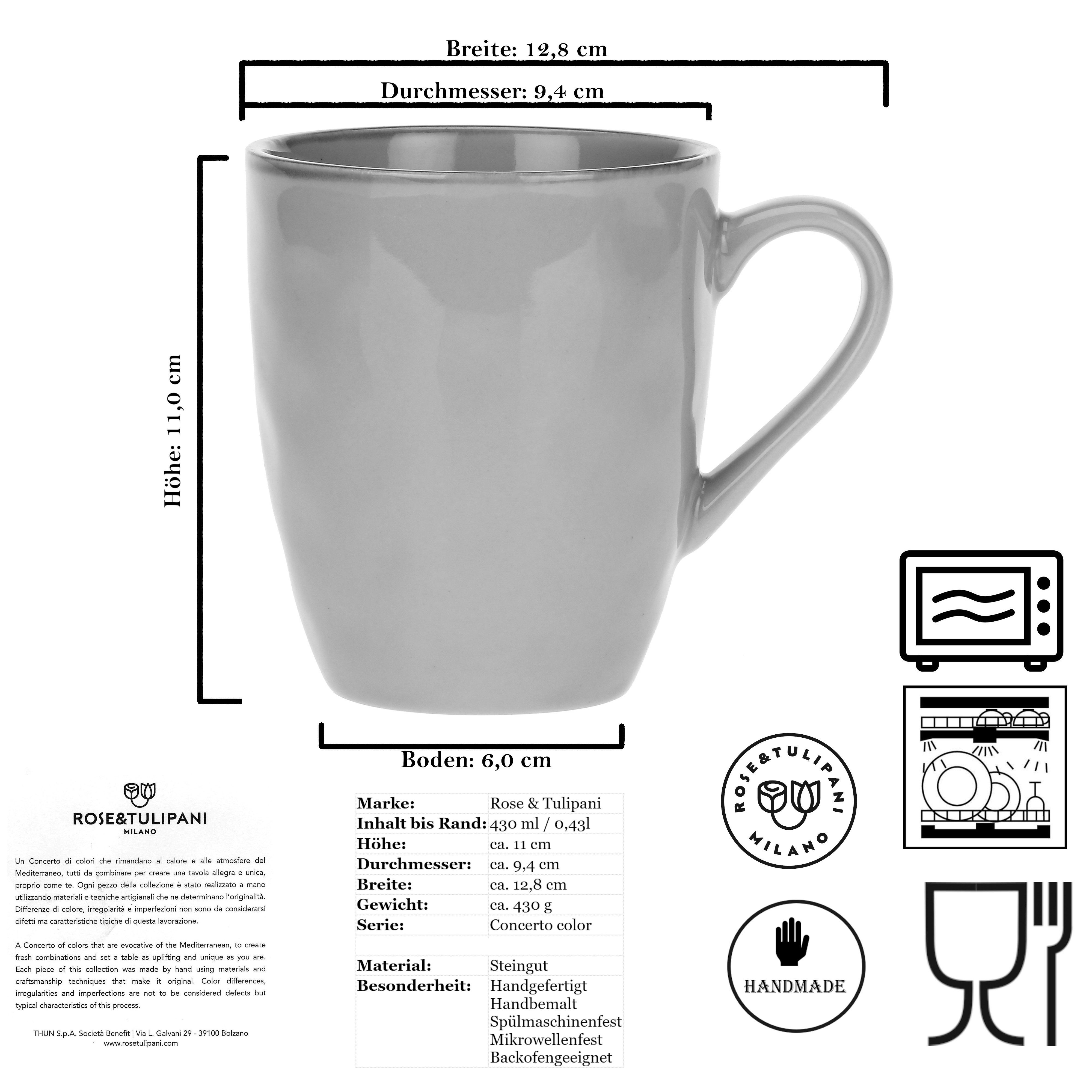 Rose & Tulpani Cappuccinotasse Große Tasse Becher Kaffeetasse mit Henkel 430ml, 1-tlg., Steingut, Handgemacht, Ofenfest