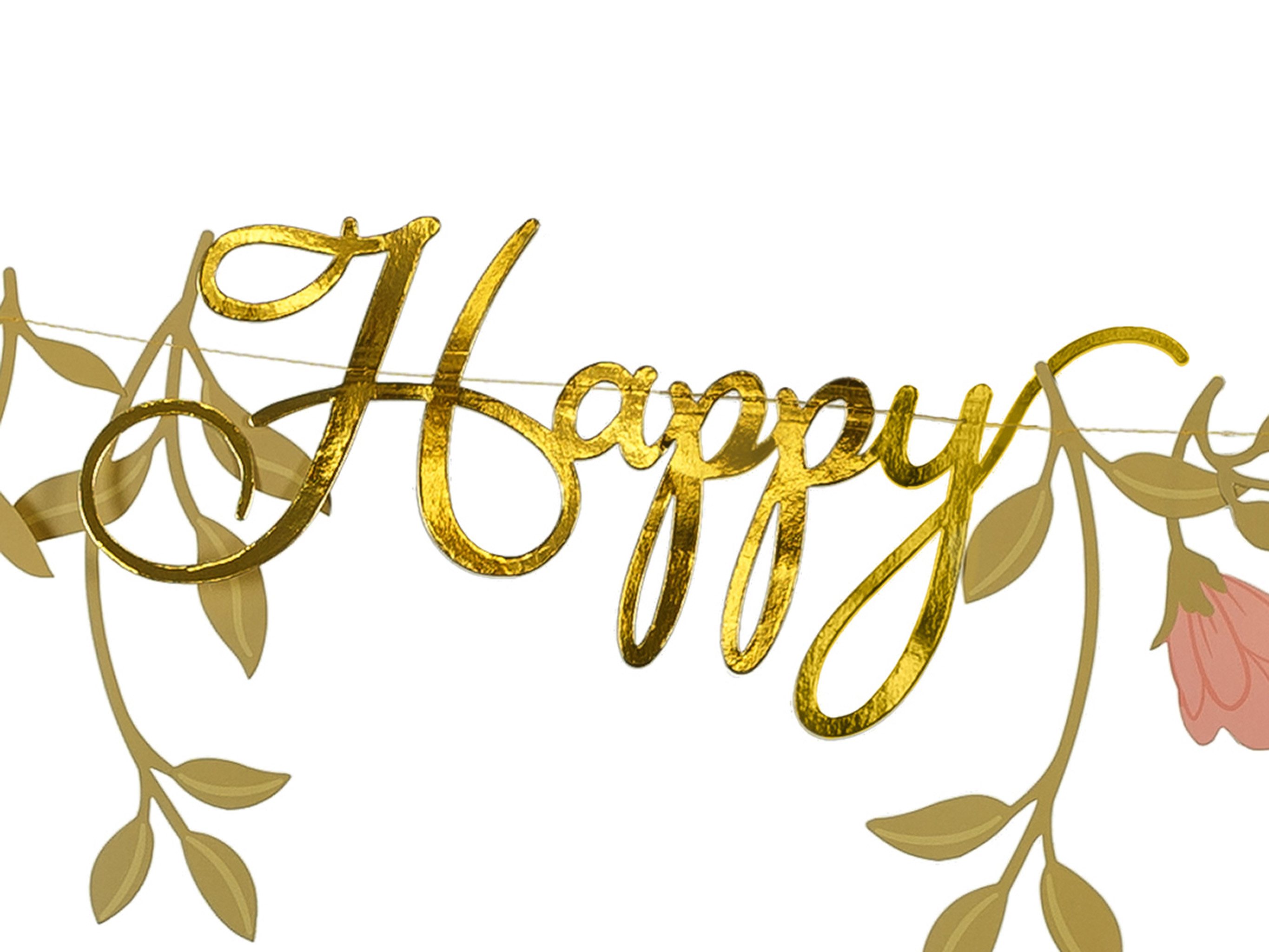 partydeco Girlande, Happy Birthday Girlande 130x18cm Blumen Banner Gold / Rosa