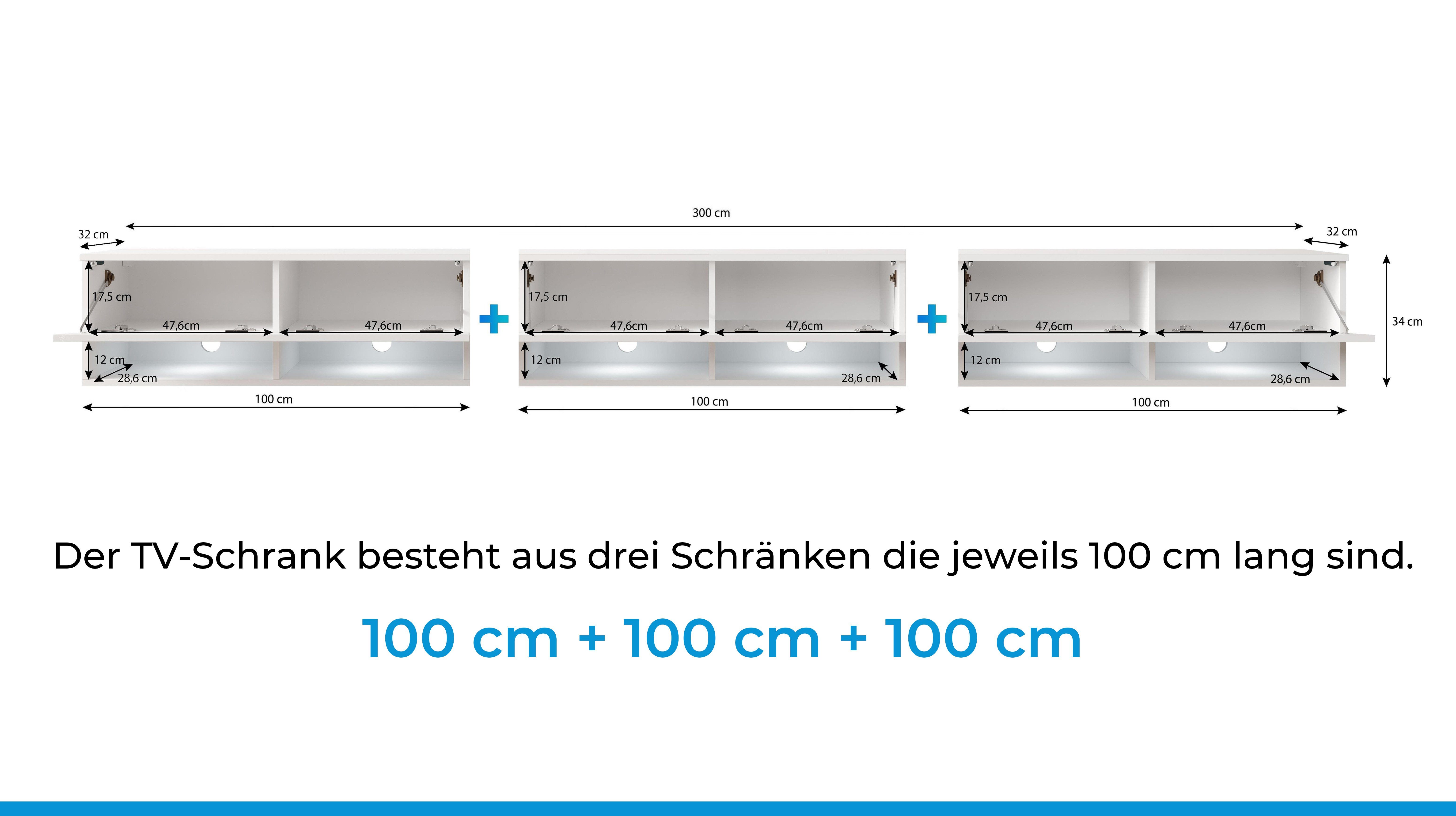 Furnix TV-Schrank ALYX 300 cm cm B300 3 Glanz ohne mit TV-Kommode Türen T32 H34 x x Lowboard LED Schwarz/Schwarz
