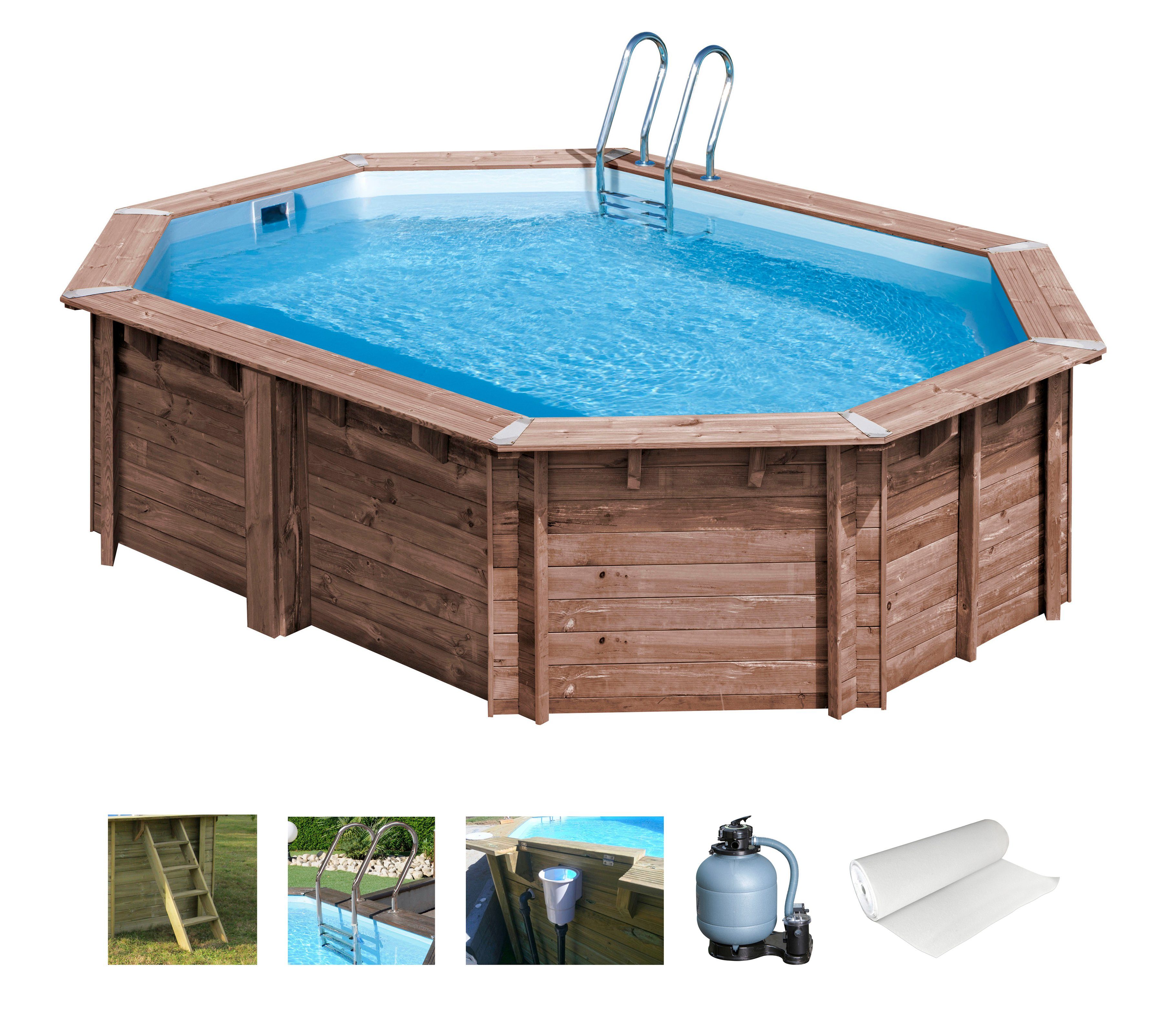 Gre Achteckpool BAMBU mit Edelstahlleiter (Set, 8-tlg), Kiefernholz, BxLxH: 335x535x130 cm