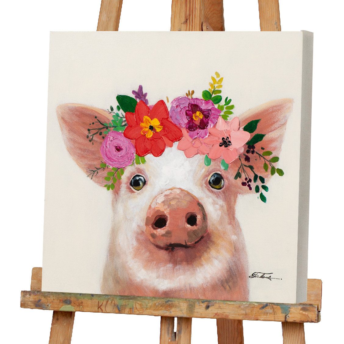 ArtUniverse Gemälde Schwein mit Blumen 50x50 cm, Tiermotiv