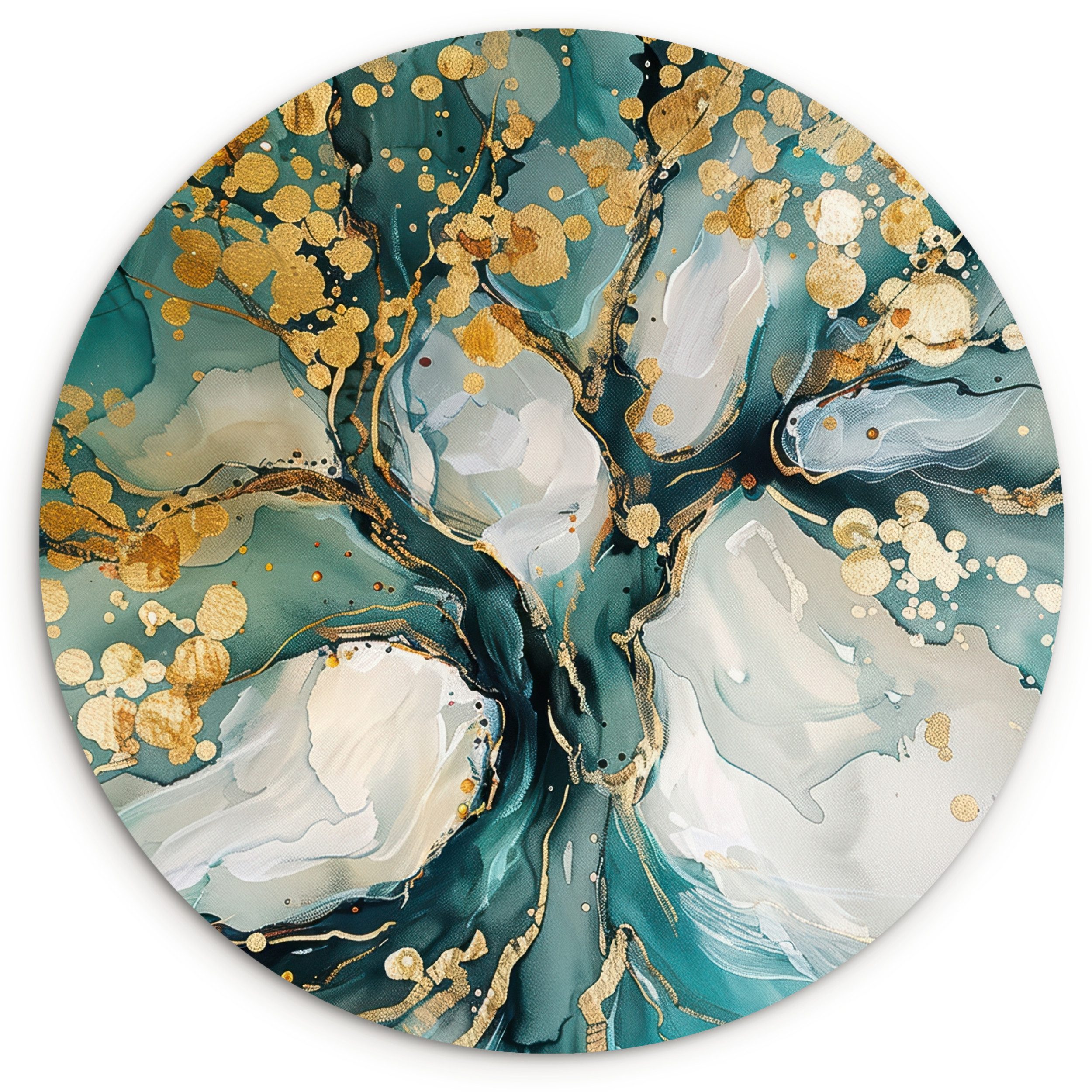 MuchoWow Gemälde Baum - Modern - Lackoptik - Türkis - Gold, Fotodruck (1 St), Kreis Wanddekoration, Rundes Wandbild, 30x30 cm