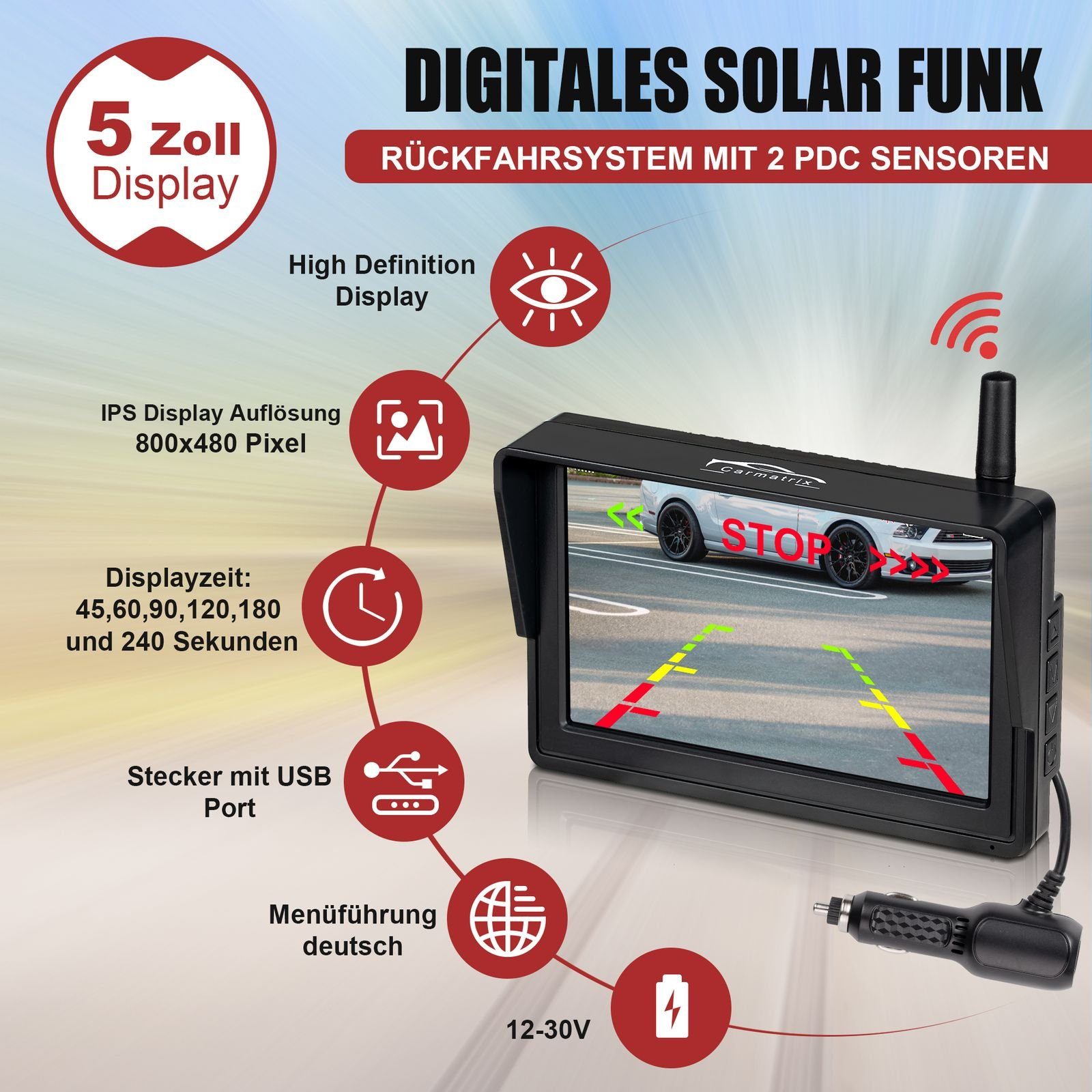 CARMATRIX Premium Solar 2 Rückfahrkamera (Auto Funk Video Solar Rückfahrsystem Nummernschild Kennzeichenhalter, mit 2 PDC Sensoren, Einparkhilfe mit Rückfahrkamera zum nachrüsten)