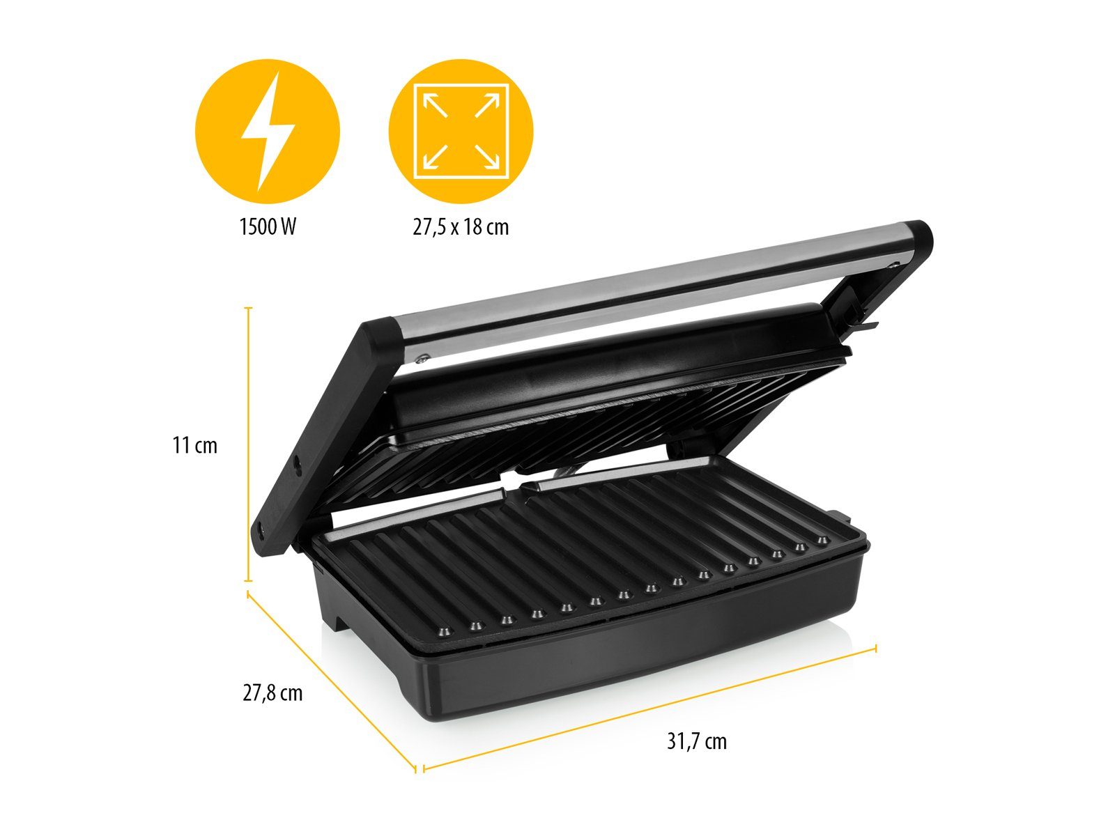 Tristar Kontaktgrill, 1500 W, Elektro Low fat Indoorgrill Panini Multigrill BBC Snackmaker 27x18cm