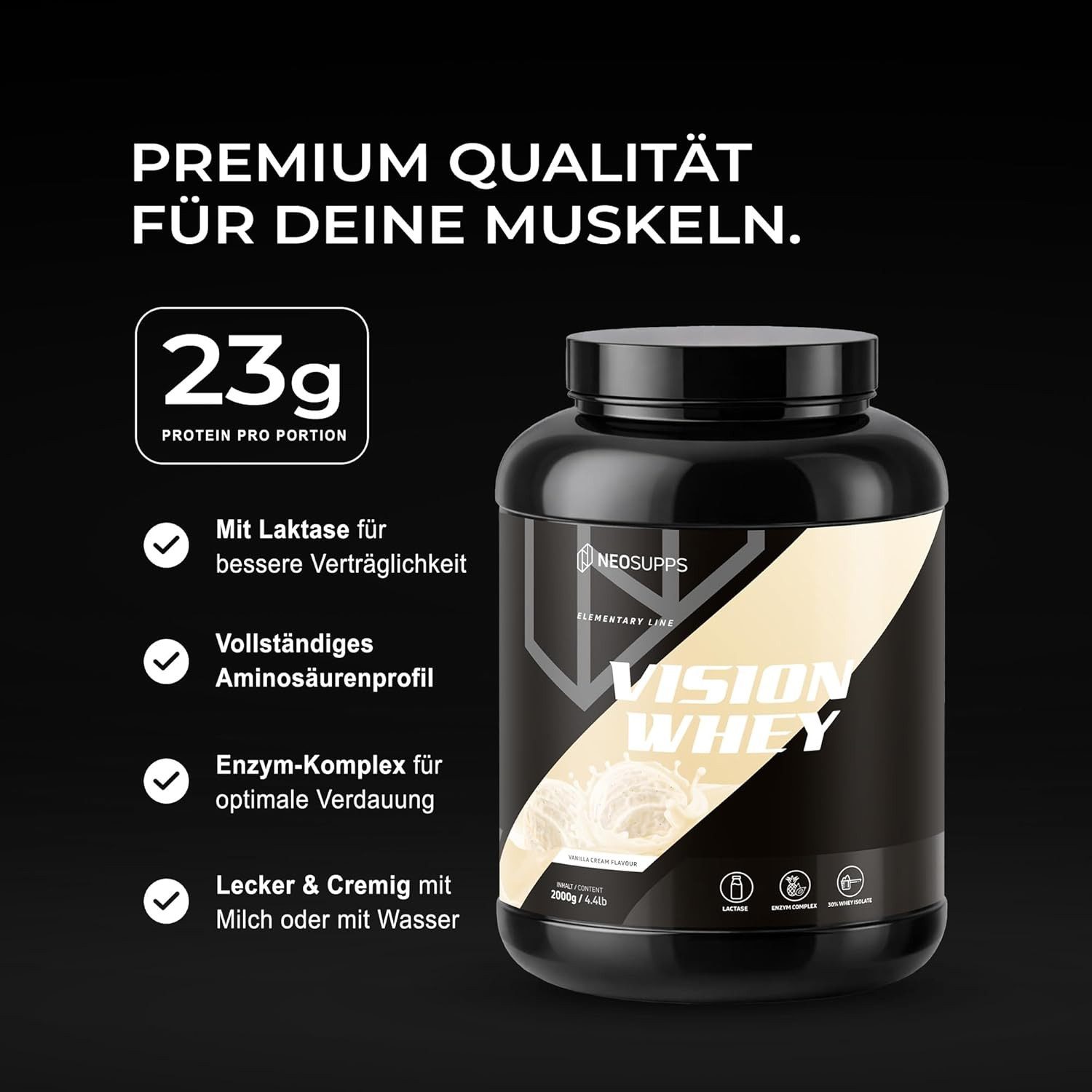 Neosupps Whey Protein Pulver Vanilla Cream 2000g, Proteinpulver, Proteinshake Pulver, 2000 g, Protein zum Muskelaufbau mit geprüfter Qualität, Made in Germany