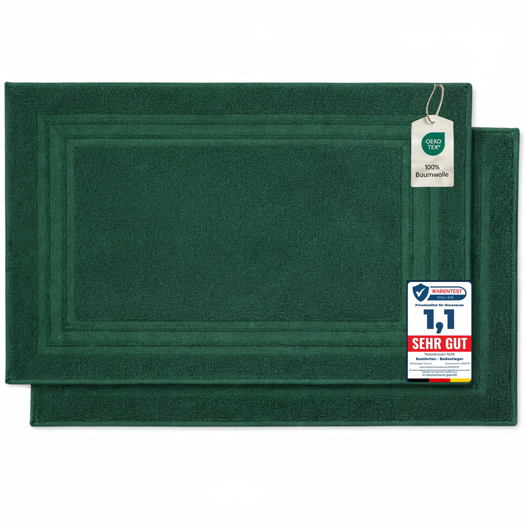 Komfortec Badematte Badvorleger aus 100% Baumwolle, 50x70 cm Duschvorleger, Waschbar Duschmatte, Frottee, Rechteckig, 600 g/m², 2er Set, Saugfähig & Schnelltrocknend