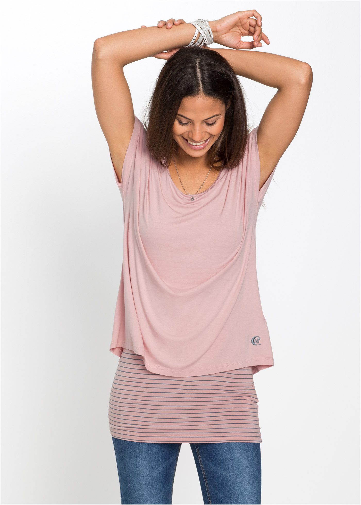 bonprix Longshirt schmale Passform, Kurzarm, im Layer-Look, aus Viskosemix