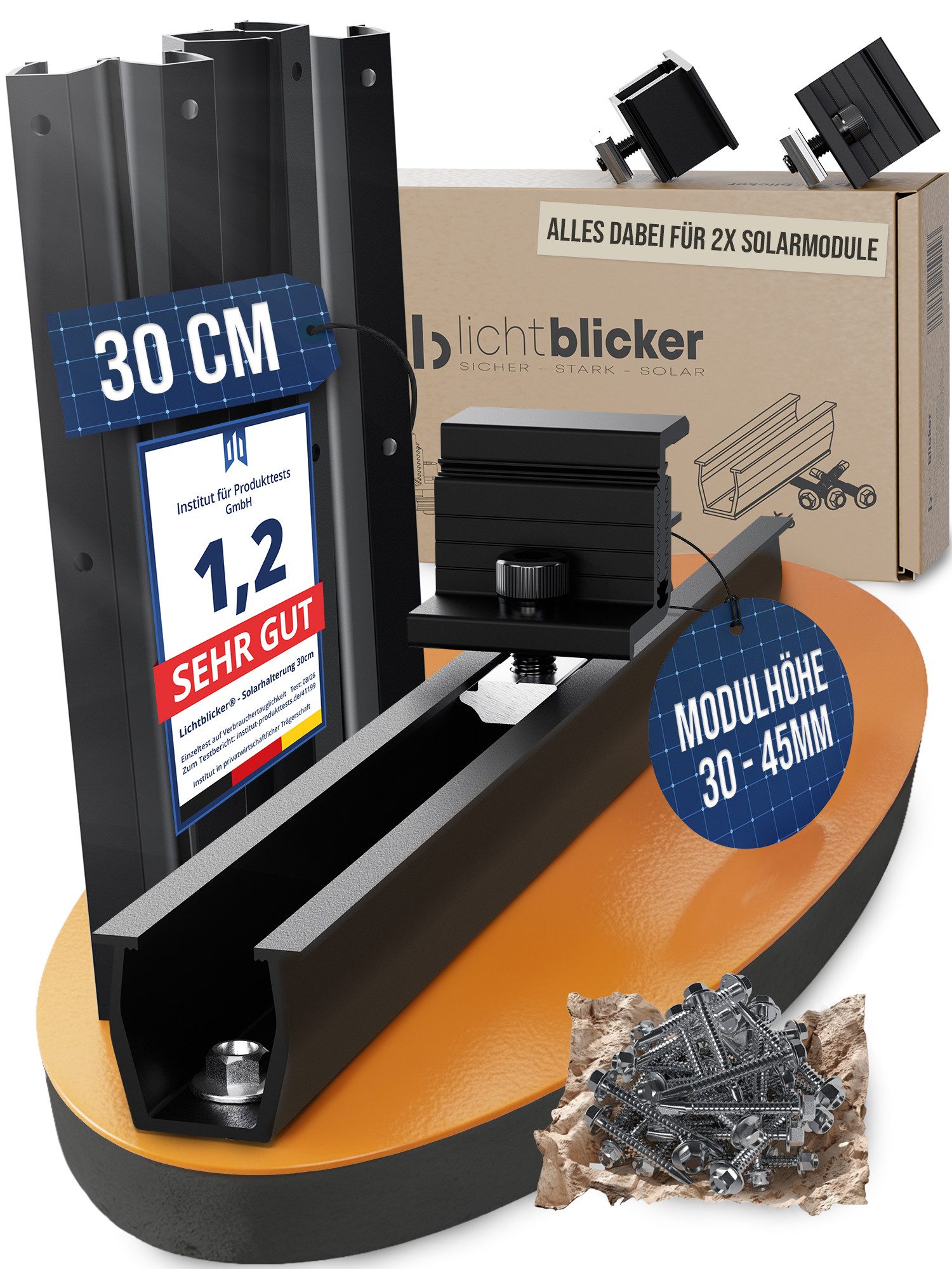 Lichtblicker Solarmodul-Halterung Schienen 30cm für 2x Photvoltaikmodule. Für Wand und Flachdach, (bis 90 Zoll, witterungsbeständiges Aluminium, hochwertige Edelstahlschrauben)