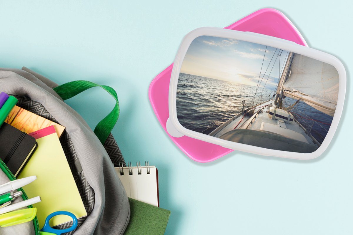 Mädchen, Segelboot (2-tlg), Kunststoff Kinder, Brotdose - Snackbox, - Lunchbox Kunststoff, MuchoWow Sonne, für Erwachsene, Brotbox rosa Meer